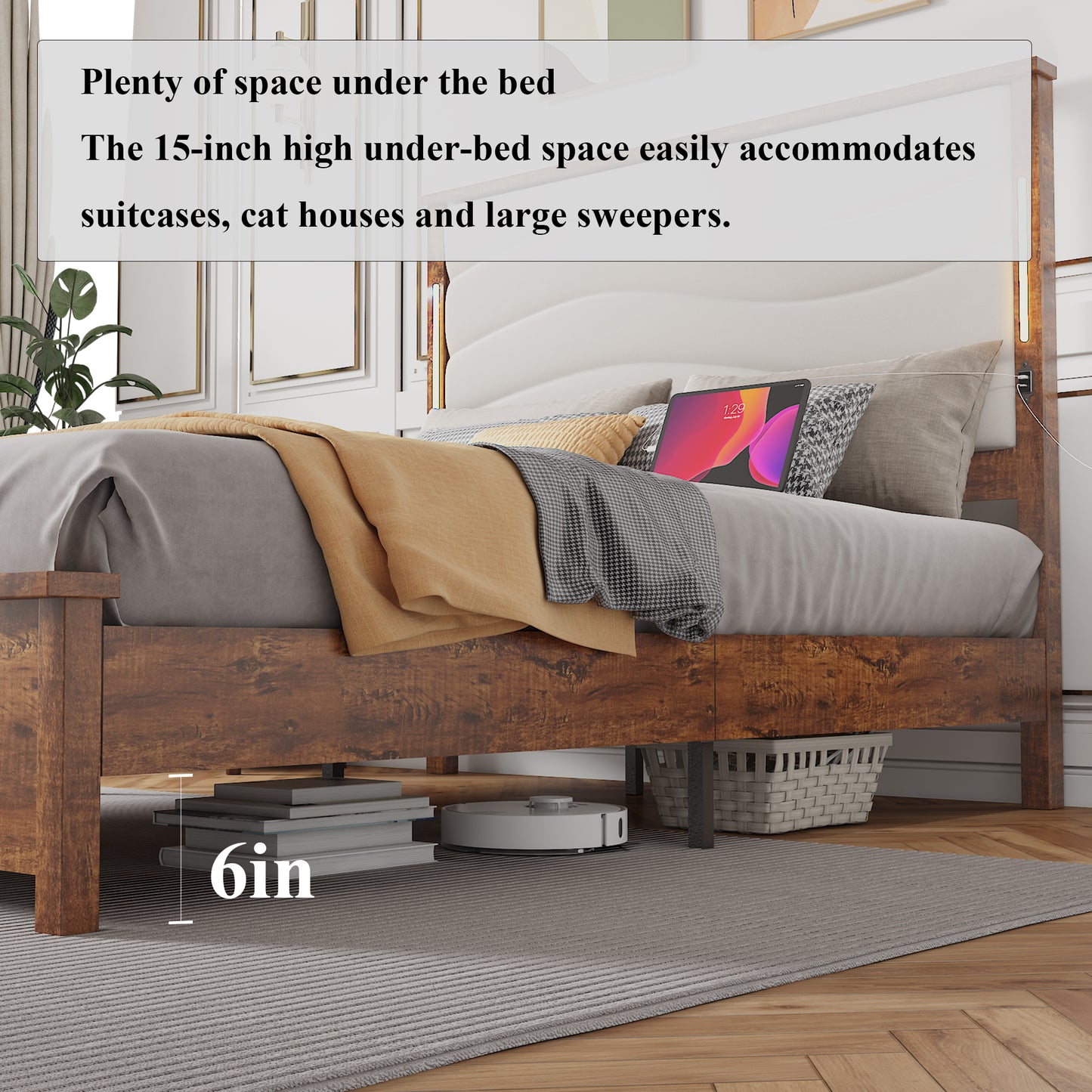 Rustic wood platform bed frame with ample underbed storage