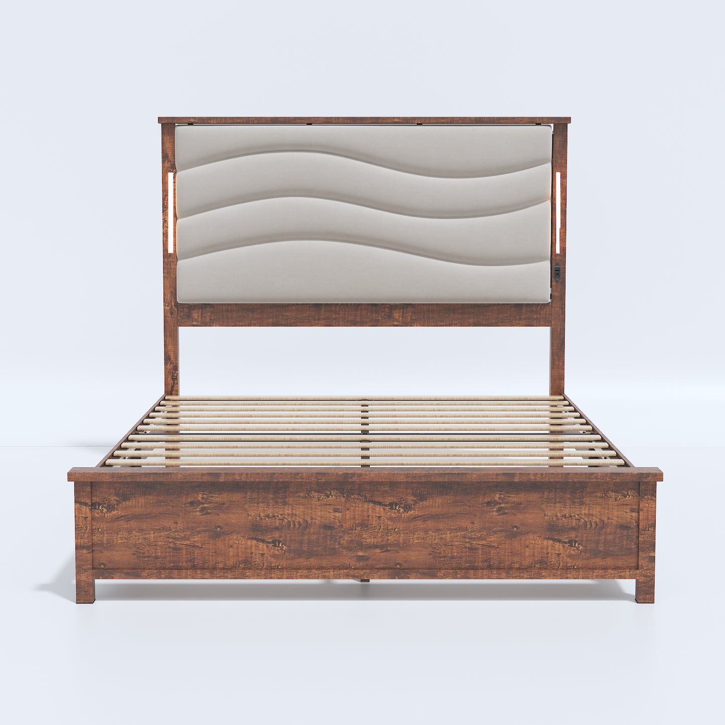 Modern wooden bed frame with upholstered wave headboard and builtin LED lights
