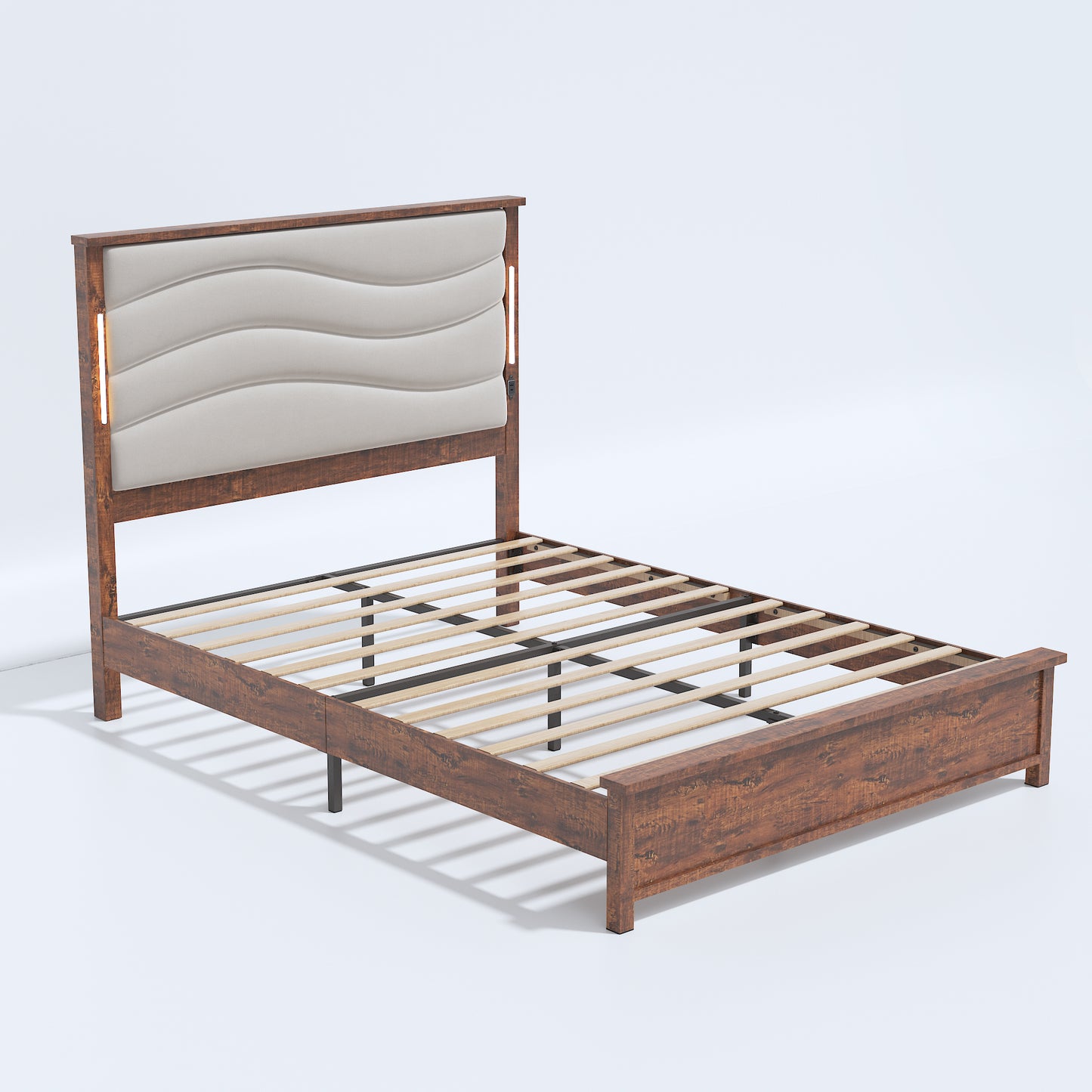Modern walnut wood bed frame with upholstered wave headboard and LED lights
