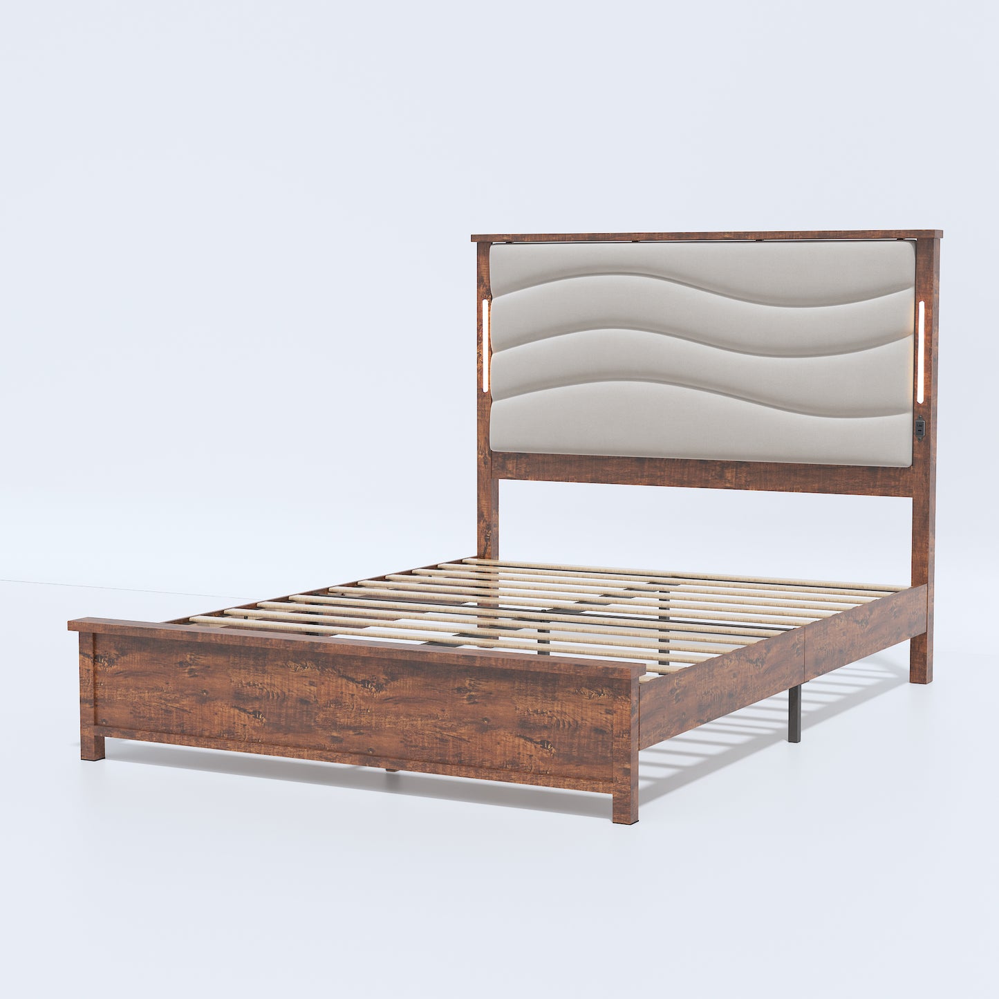 Modern wooden bed frame with upholstered wave headboard and integrated LED lights