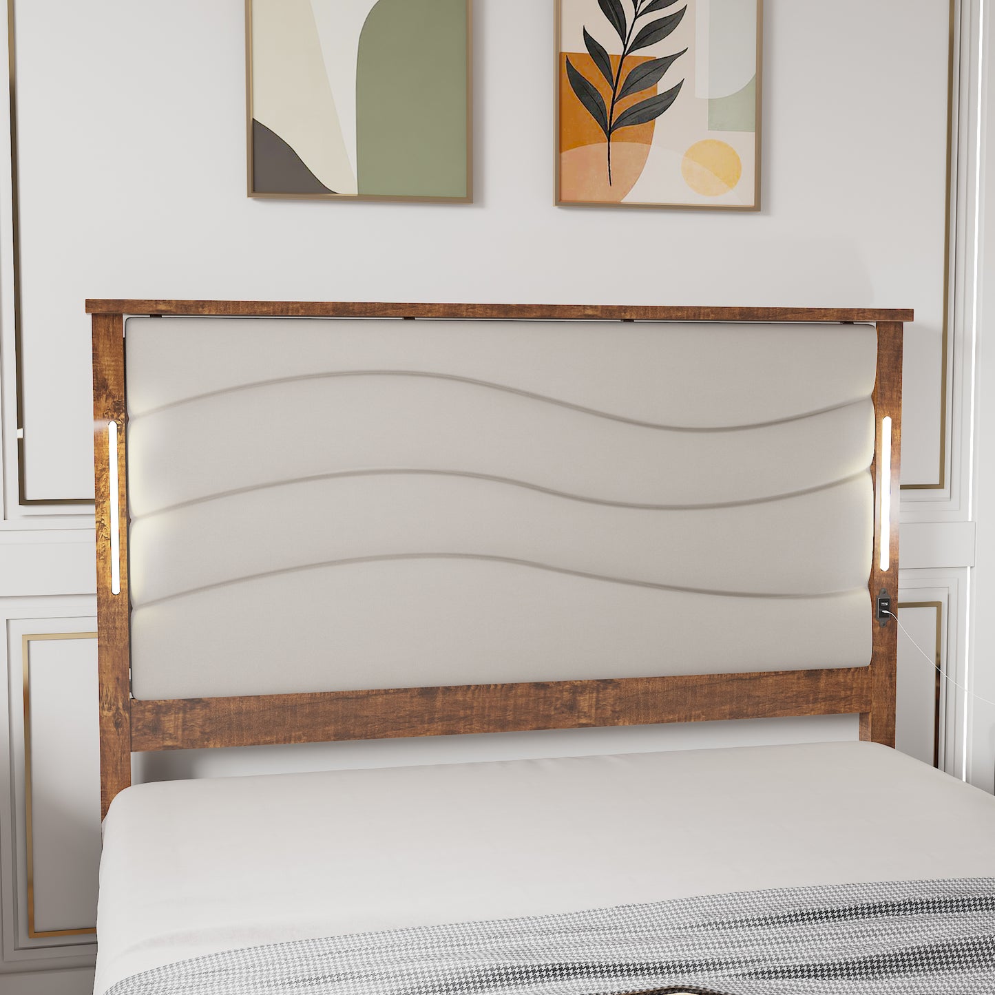 Upholstered queen headboard in neutral fabric with builtin LED lights and USB ports