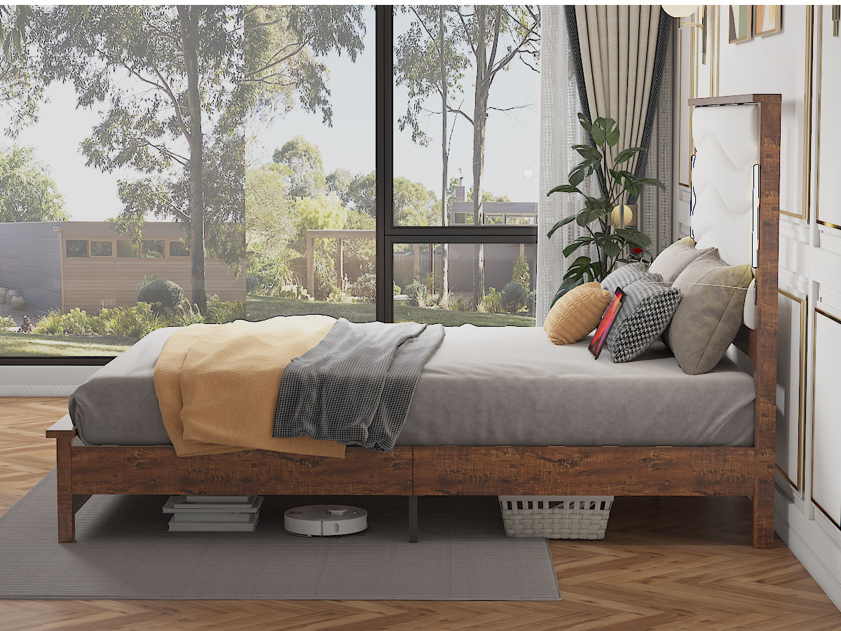 Rustic wooden platform bed frame with upholstered headboard
