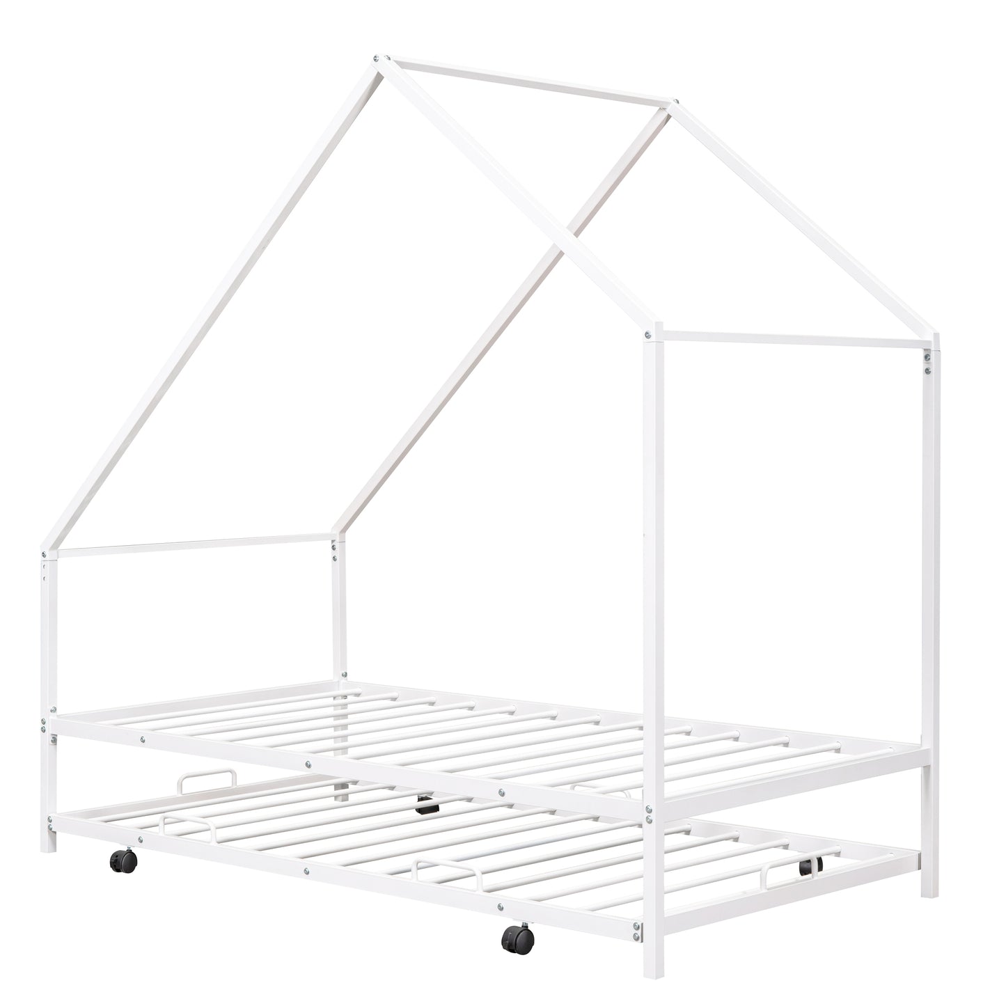 White metal house frame bed with trundle