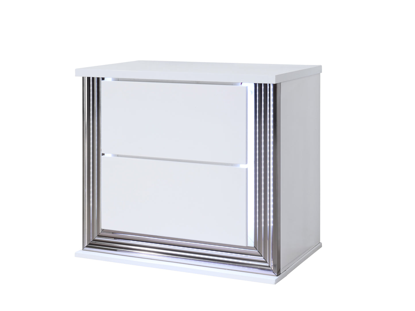 White high gloss twodrawer nightstand with chrome trim and LED lighting
