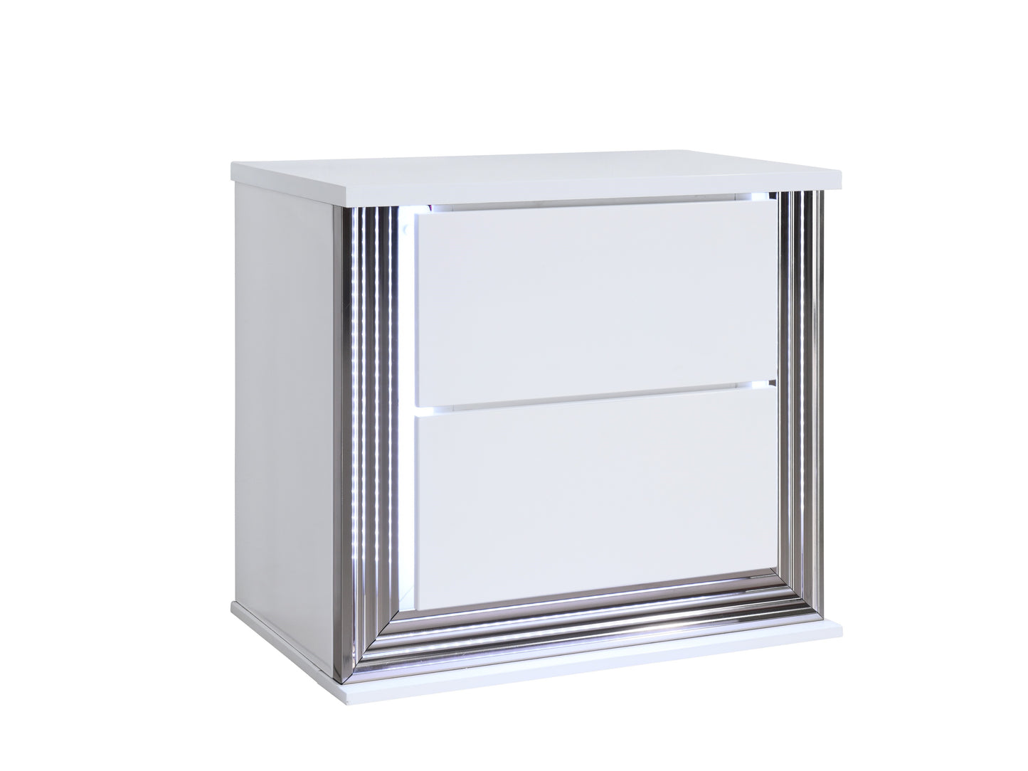 Sleek white twodrawer nightstand with chrome accents and LED lighting