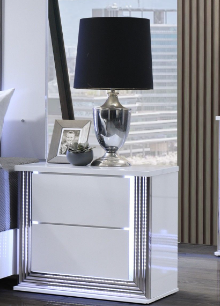 Modern white drawer nightstand with chrome accents and LED lighting