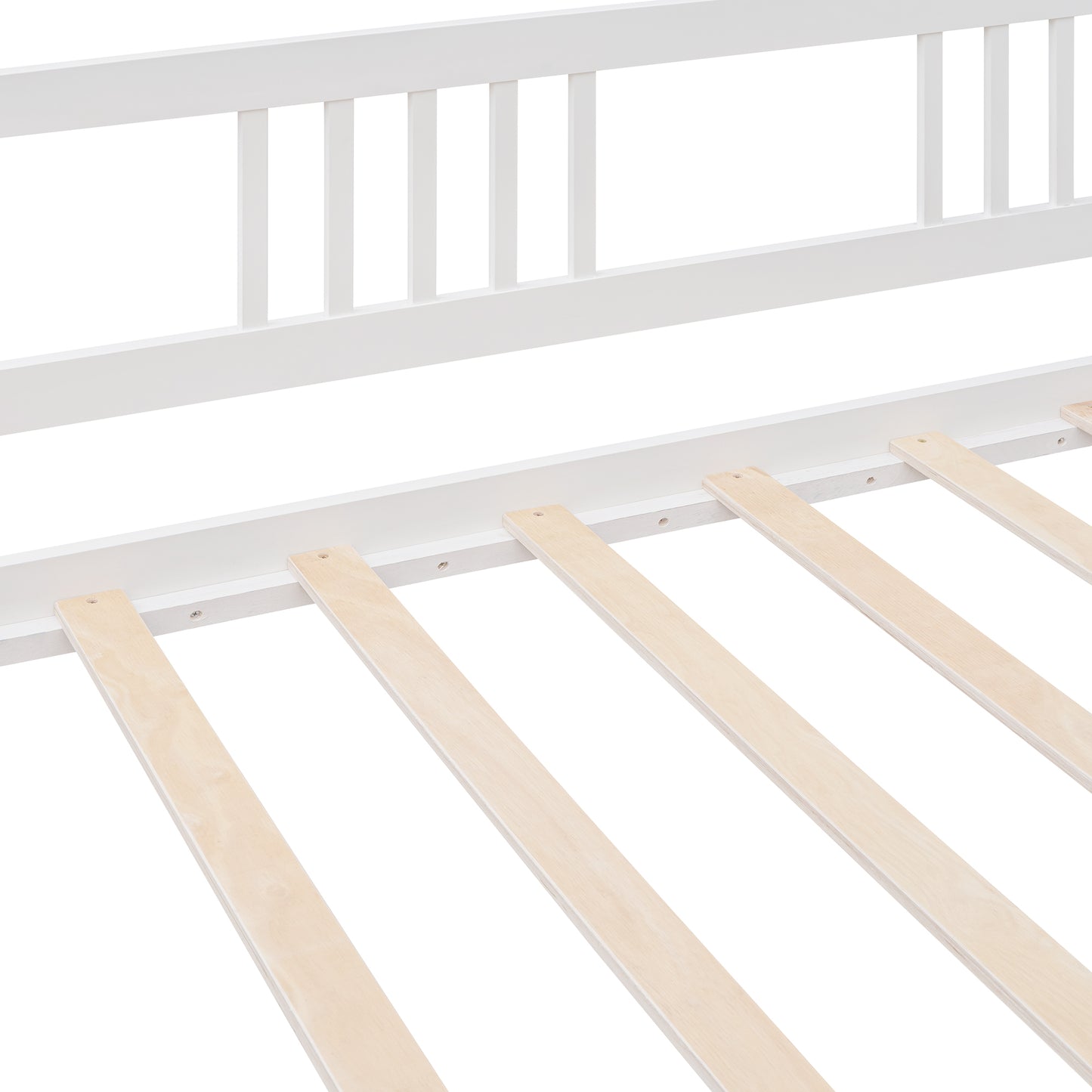 Close up of white wooden bed frame with slats for mattress support