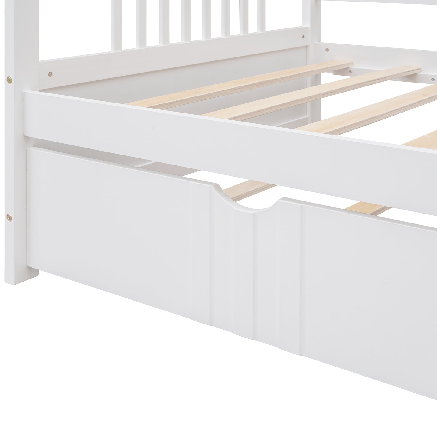 White wooden bed frame with slatted base detail