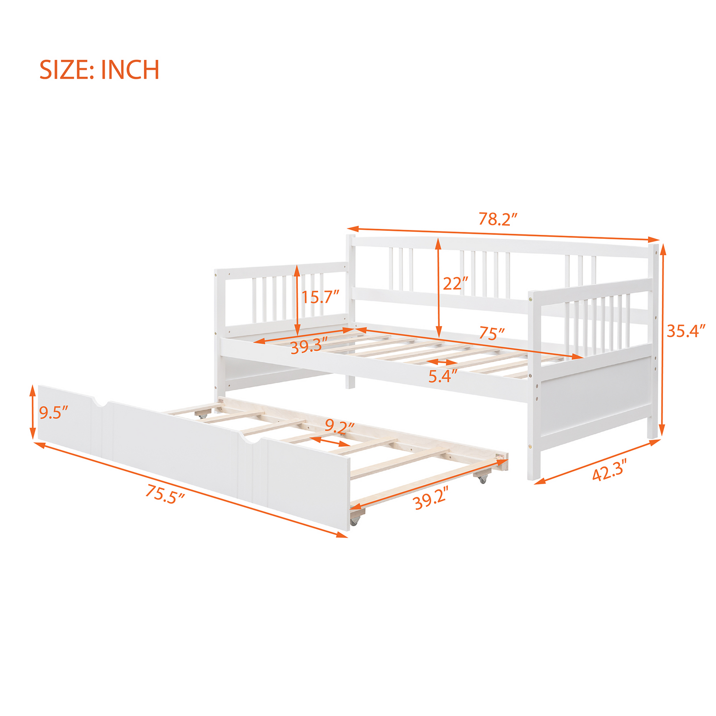 White wooden daybed with pullout trundle featuring full dimensions