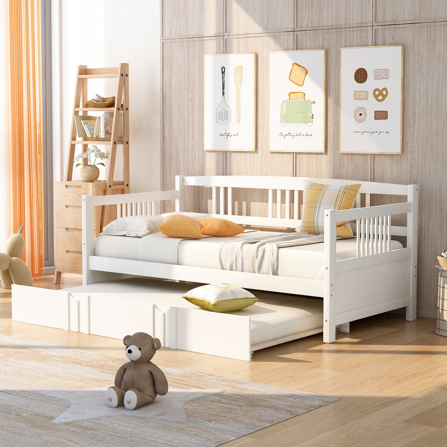 White wooden daybed with pullout trundle perfect for guest rooms