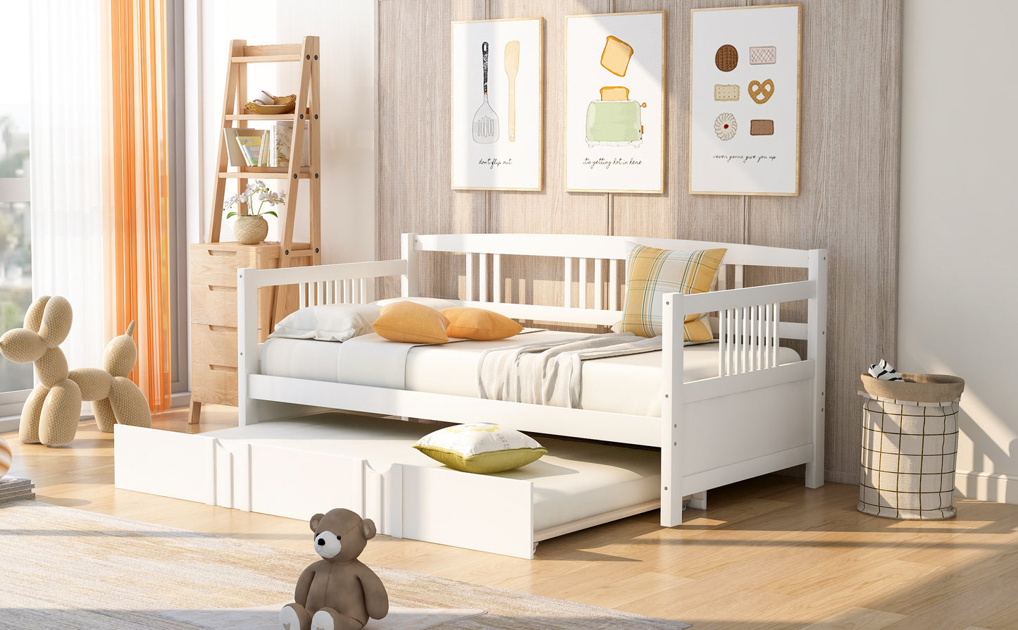 White wooden daybed with pullout trundle perfect for guest rooms