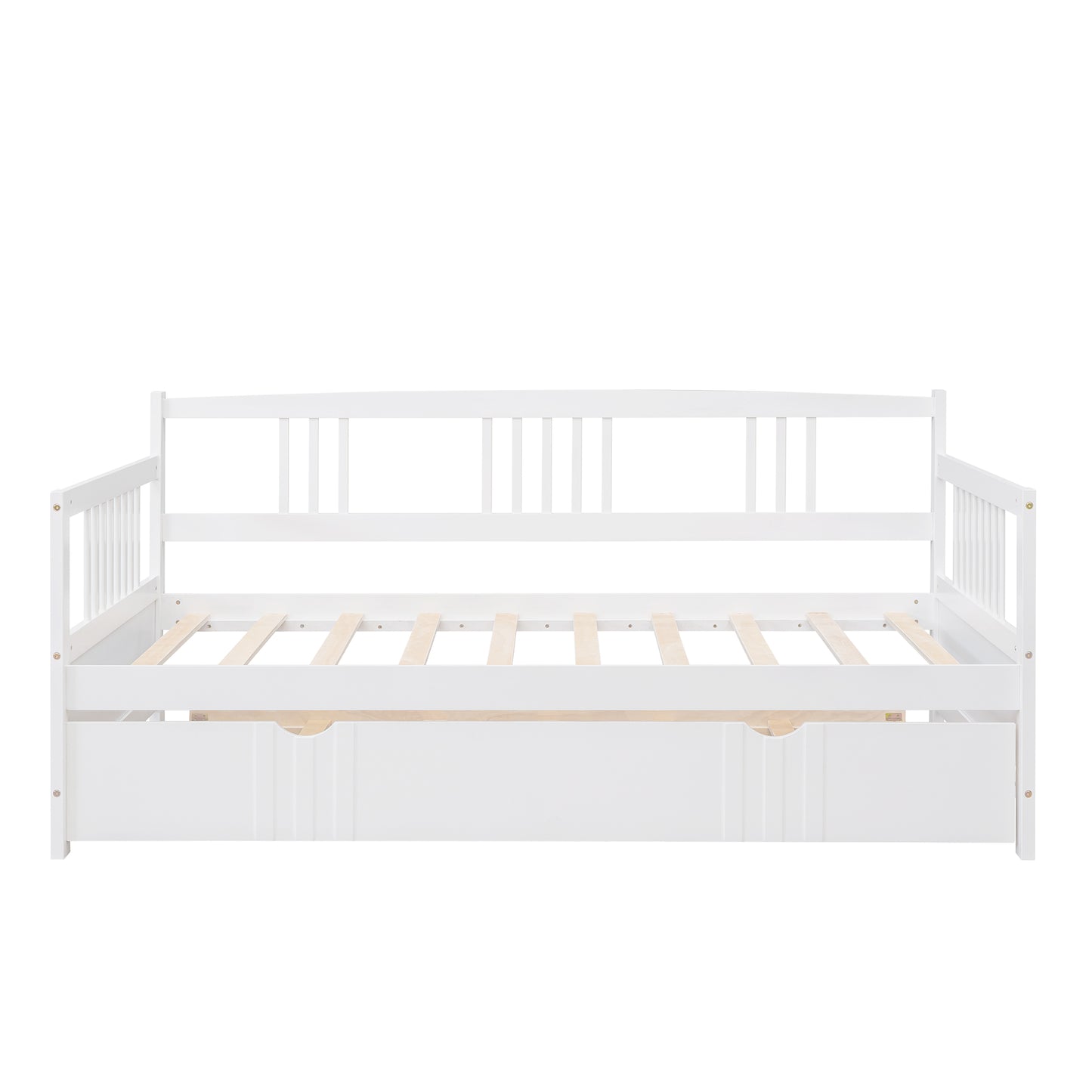 White wooden daybed with slats and two builtin drawers