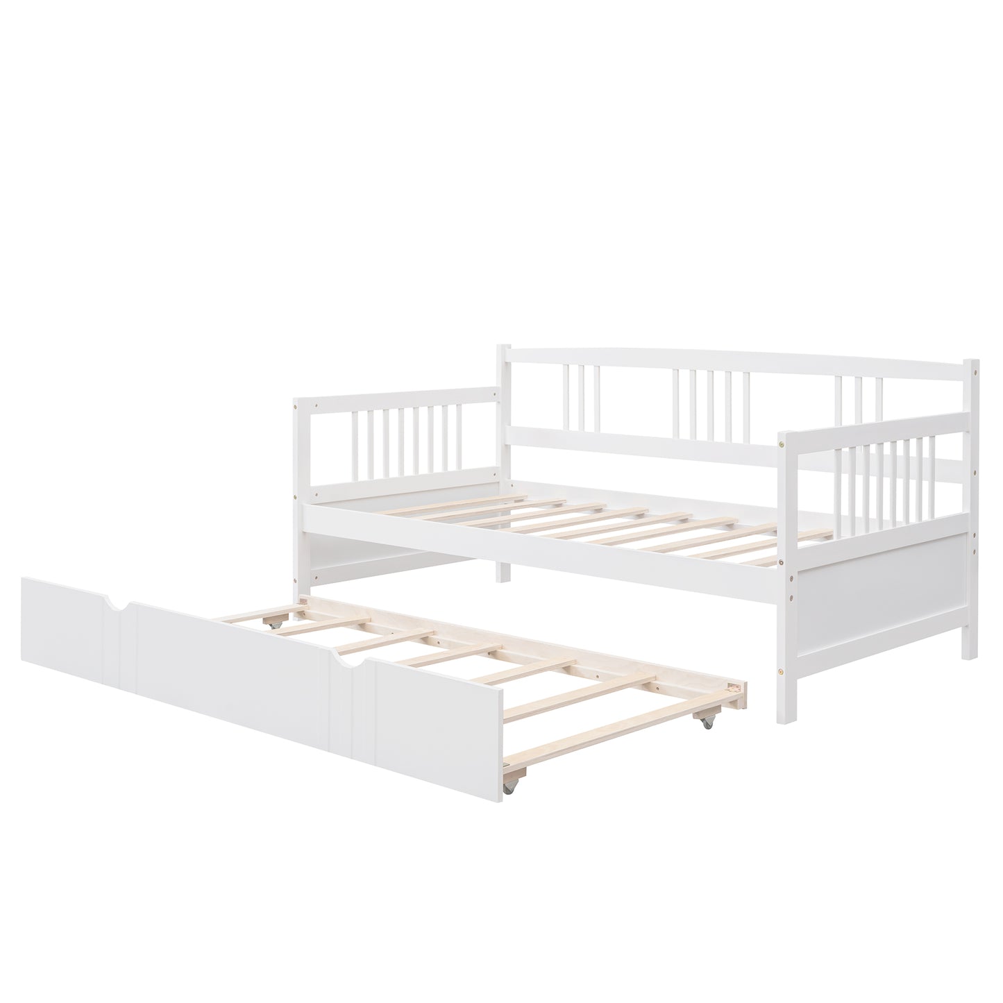 White wooden daybed with pullout trundle on wheels