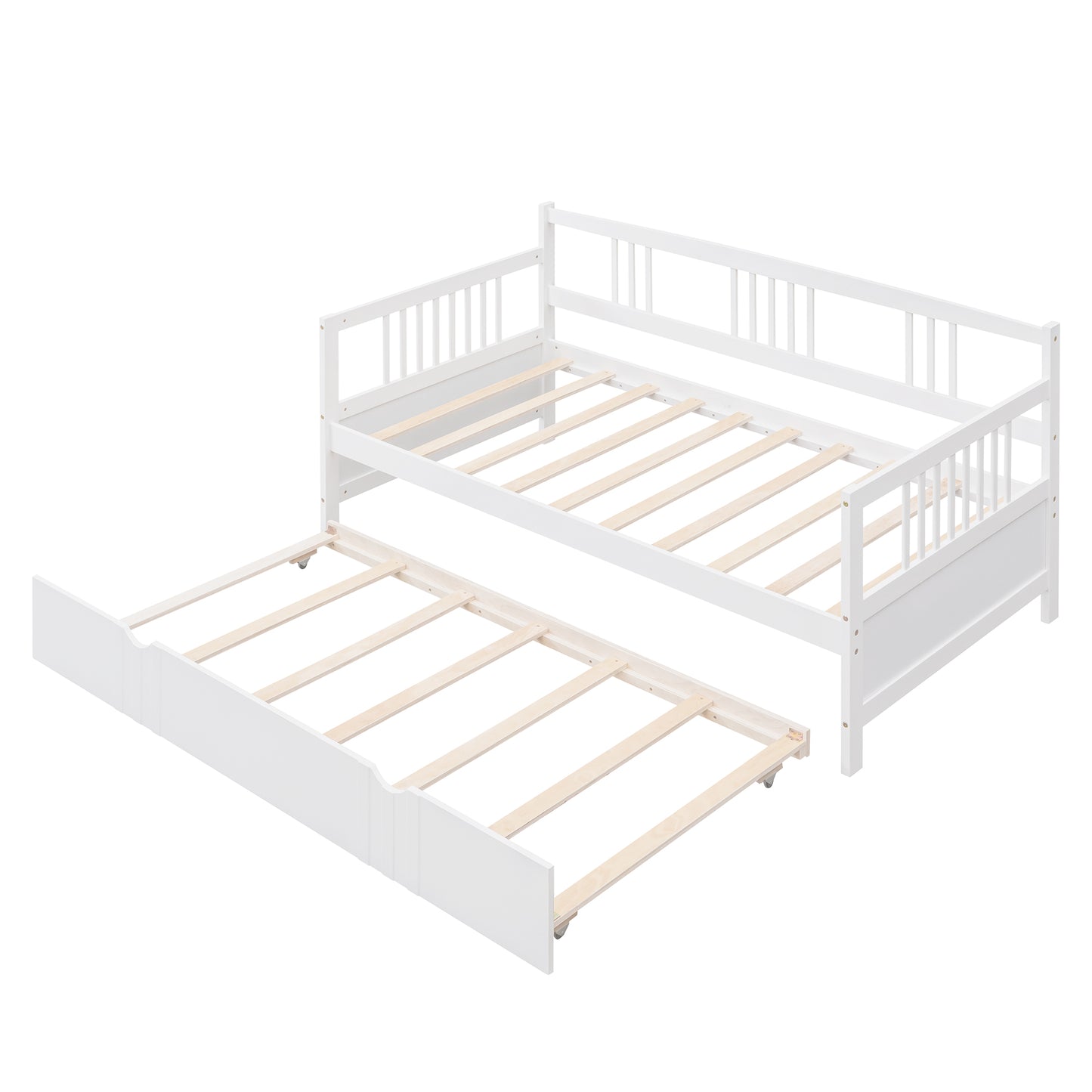 White wooden daybed with pullout trundle bed slatted frame