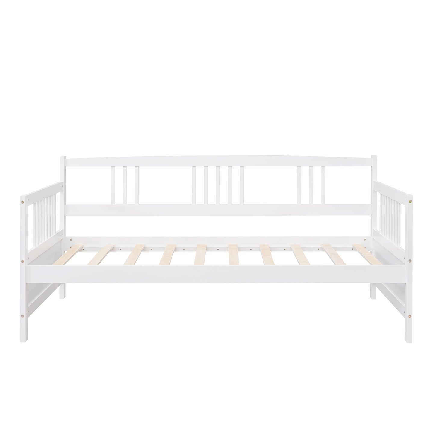 White wooden daybed frame with slatted base and spindle backrests