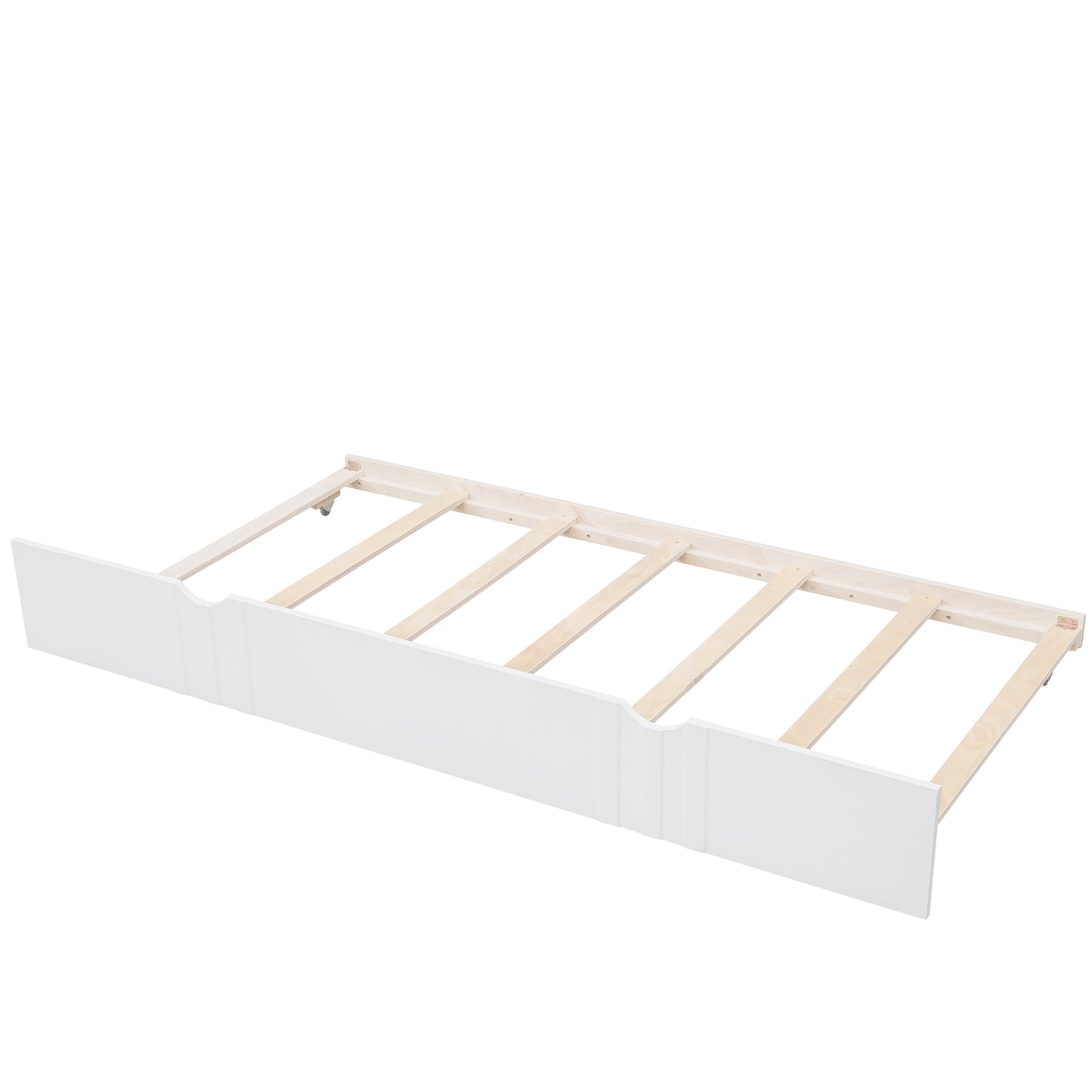 White wooden bed frame with drawer