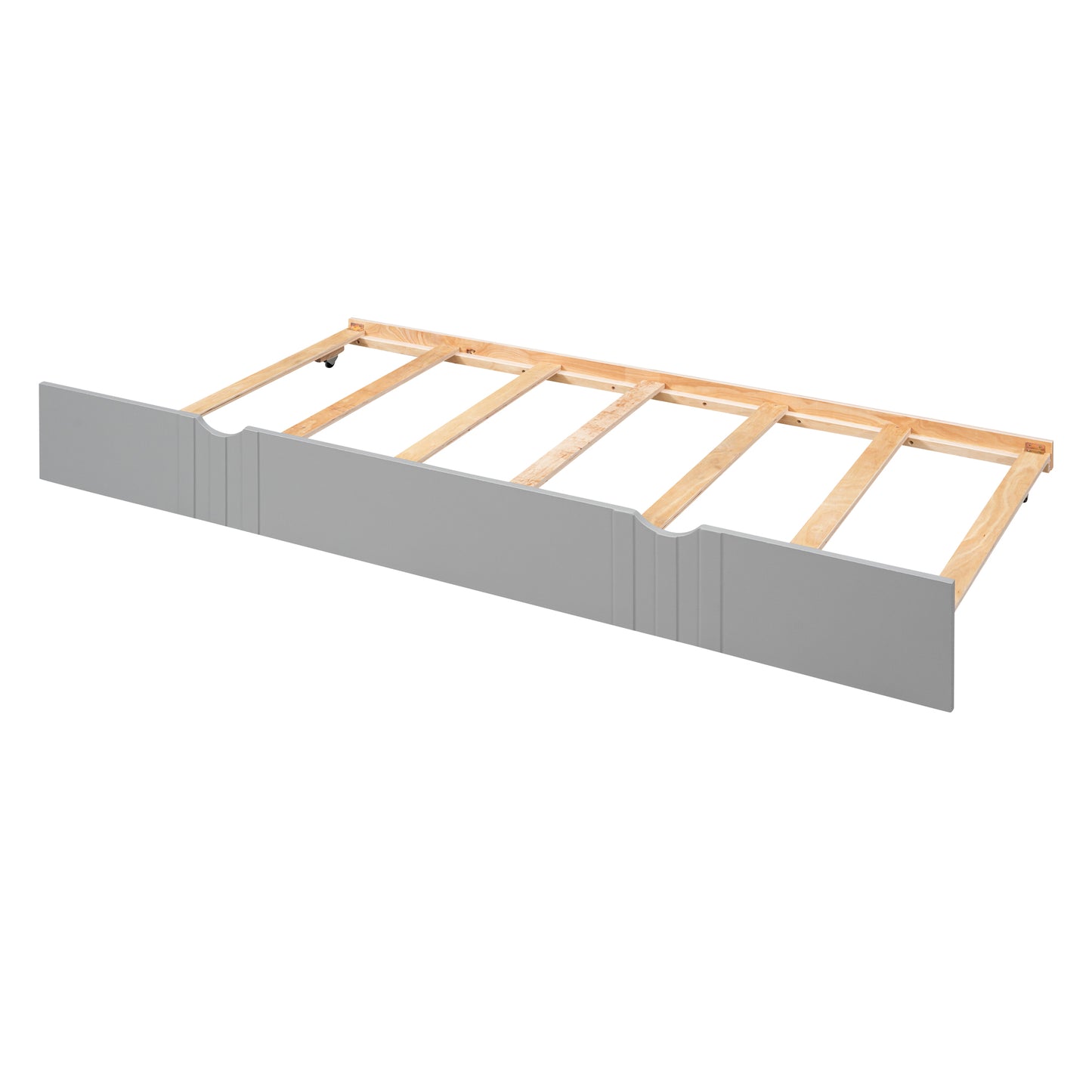 Gray twin bed trundle frame with wooden slats and wheels