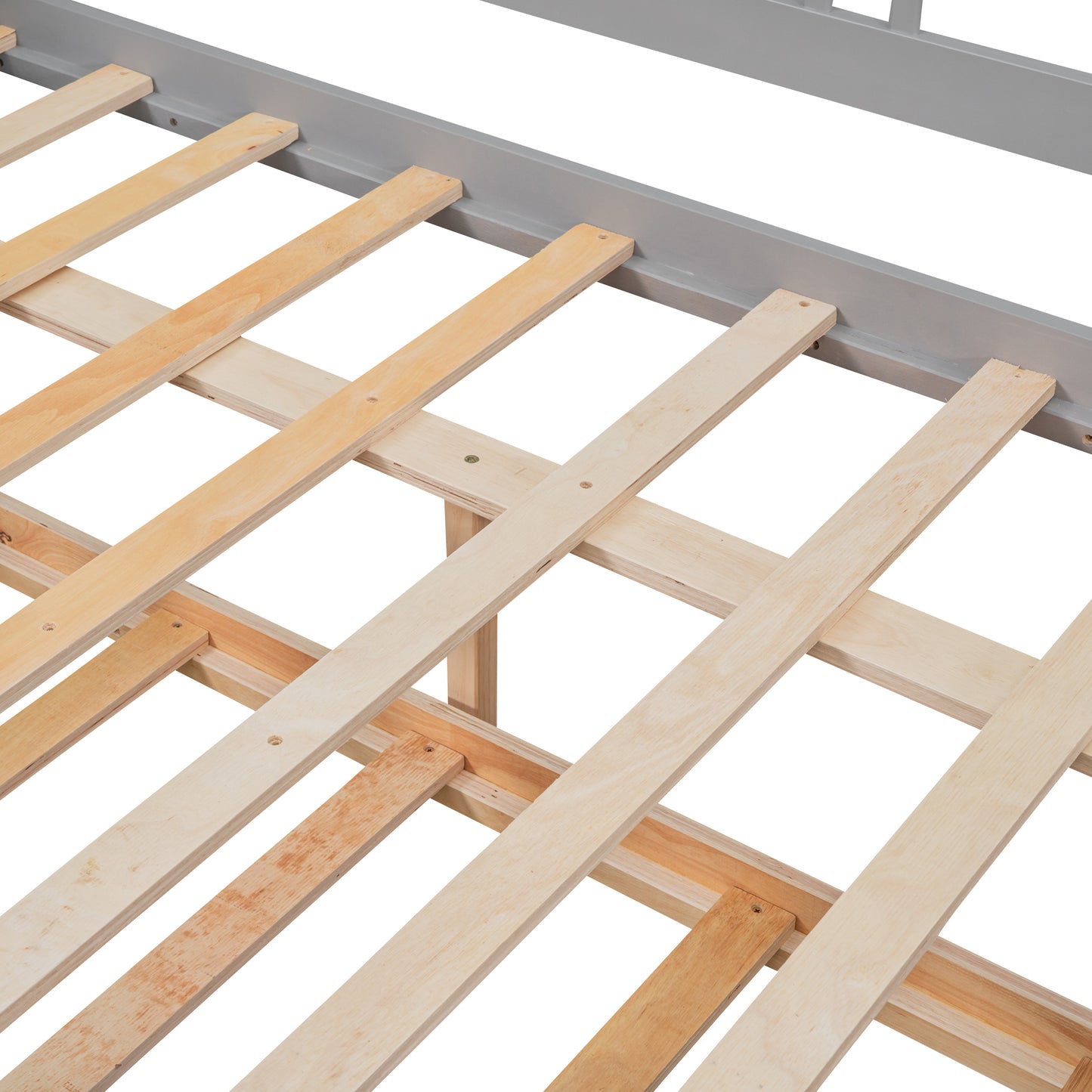 Gray metal bed frame with wooden slats