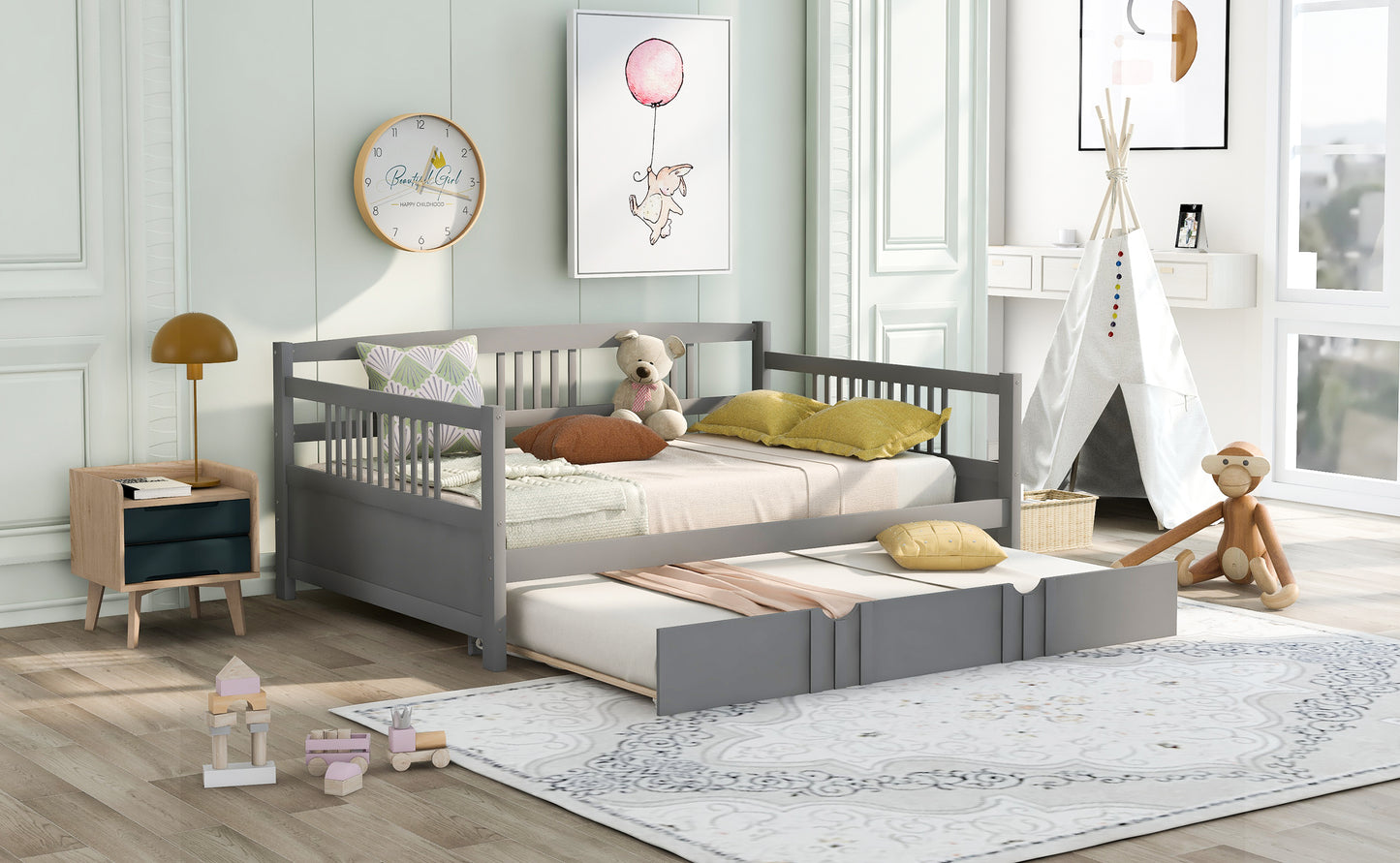 Grey wooden daybed with pullout trundle perfect for childrens rooms