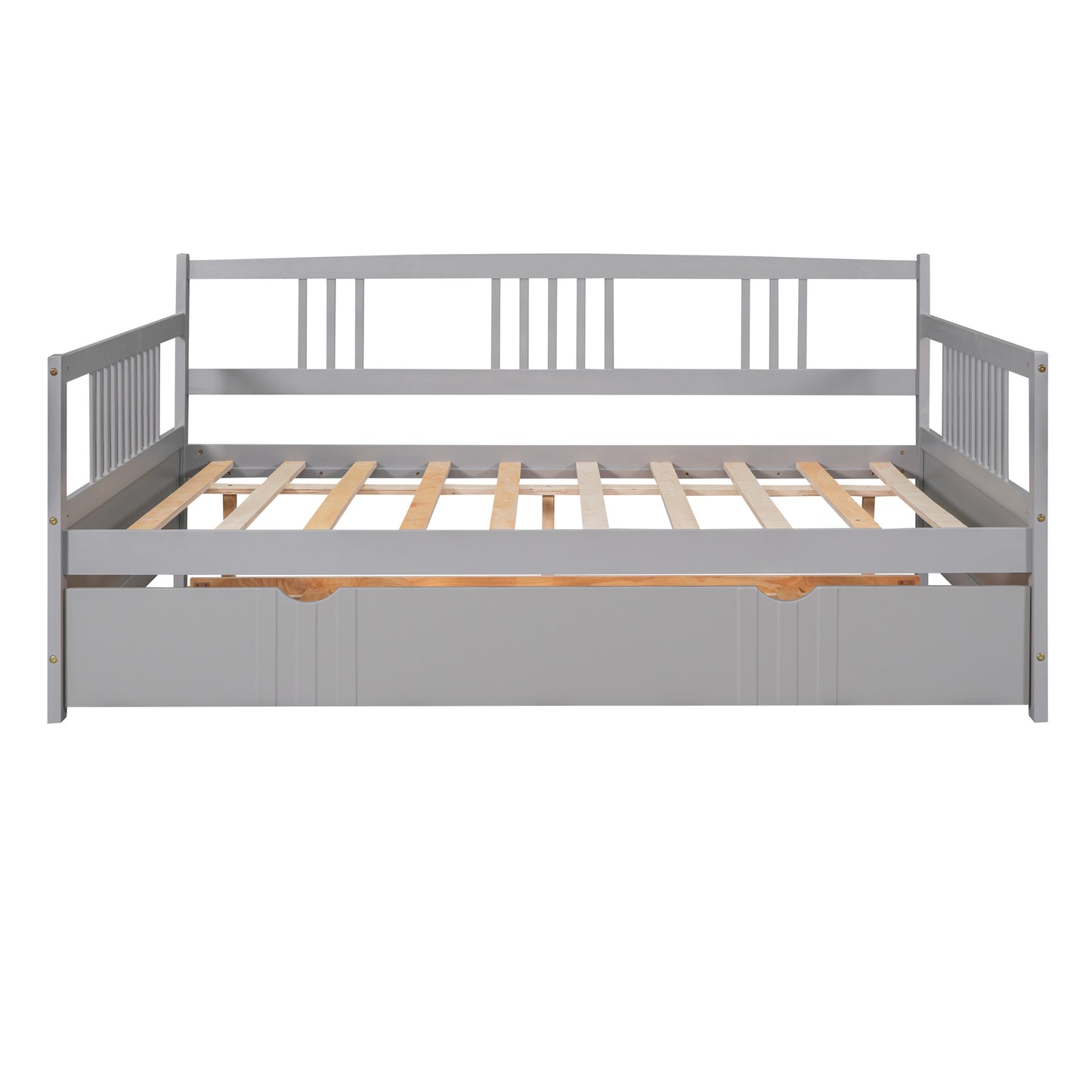 Grey wooden daybed with slatted base and pullout drawers ideal for small bedrooms