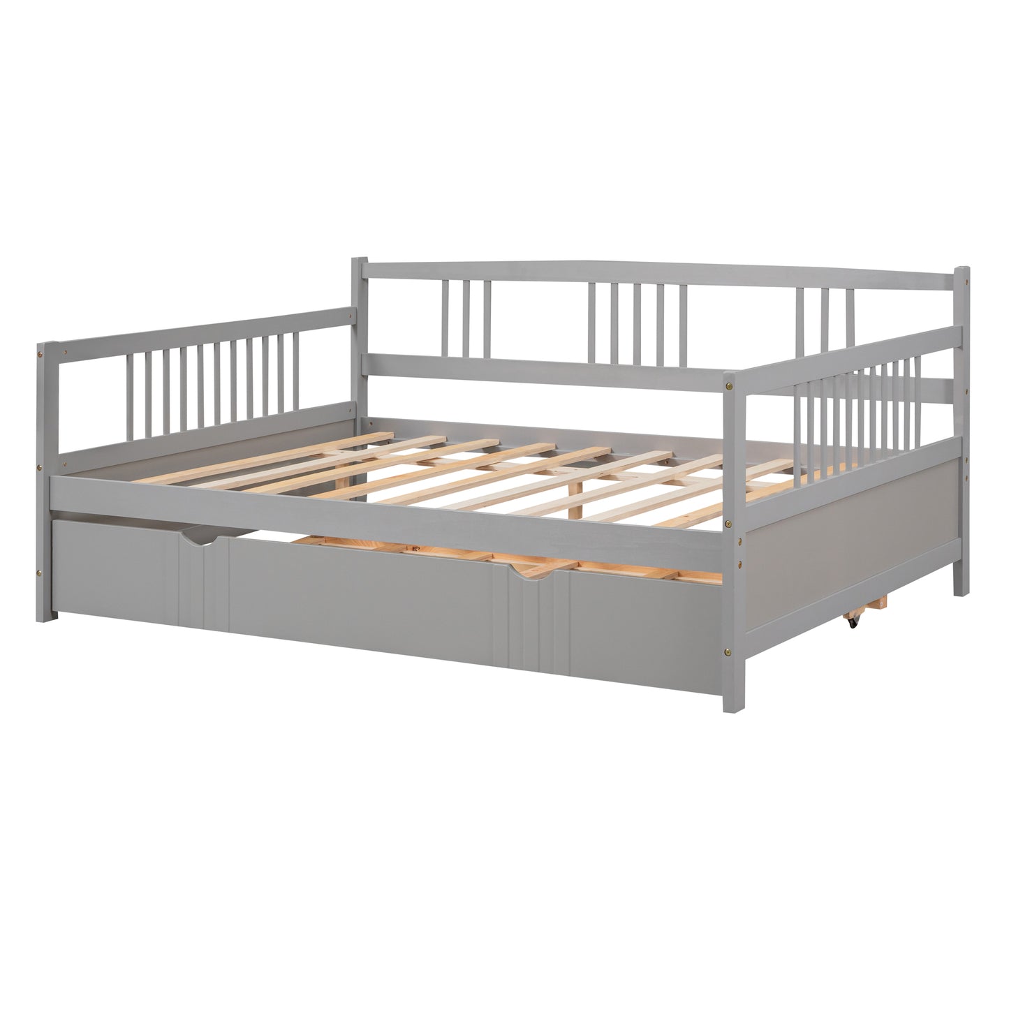 Gray wooden daybed with slatted base and storage drawers