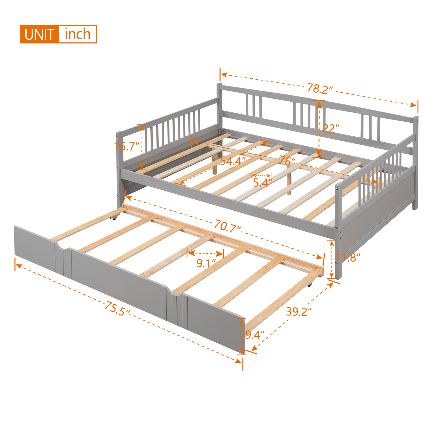 Gray wooden daybed with pullout trundle and slatted mattress support dimensions labeled