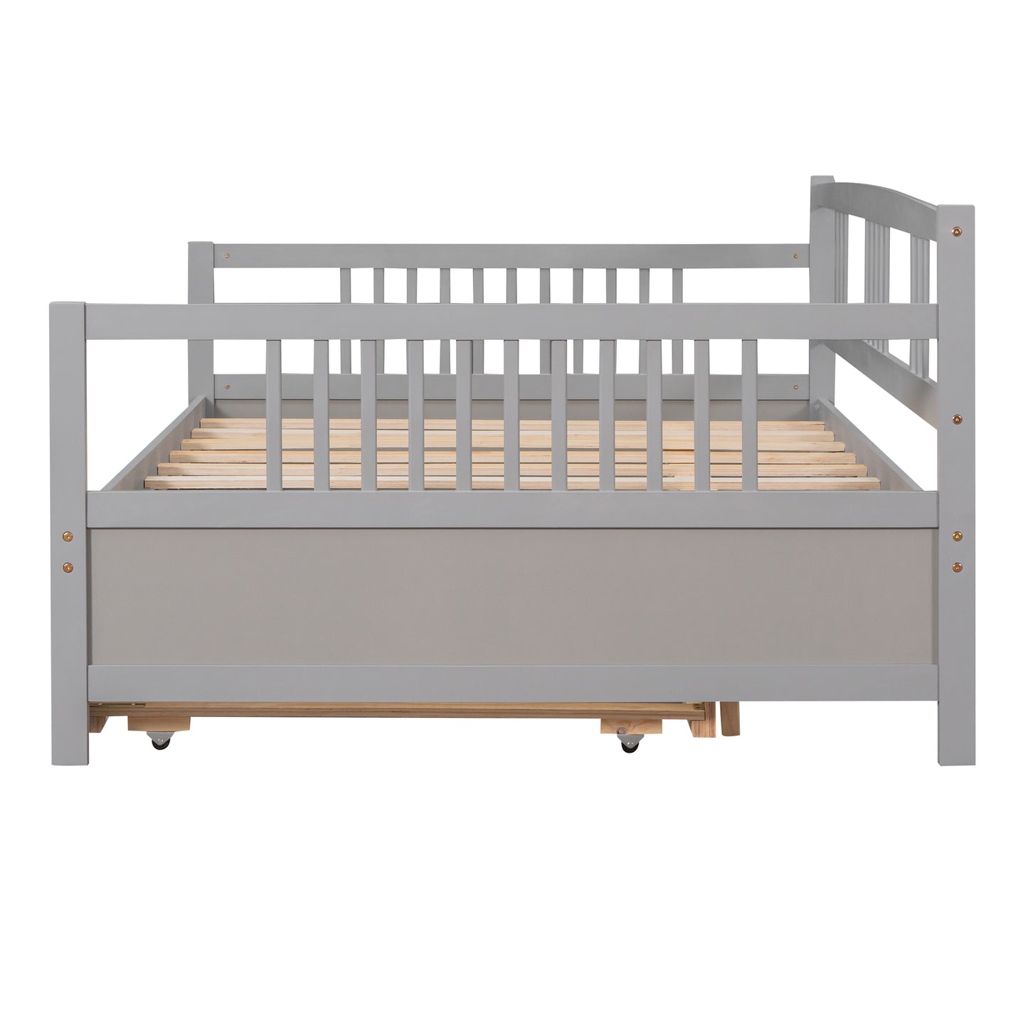 Gray wooden daybed with slatted mattress support and pullout trundle
