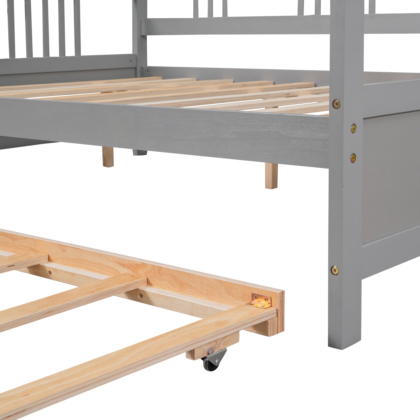 Gray wooden twin daybed with pullout trundle frame