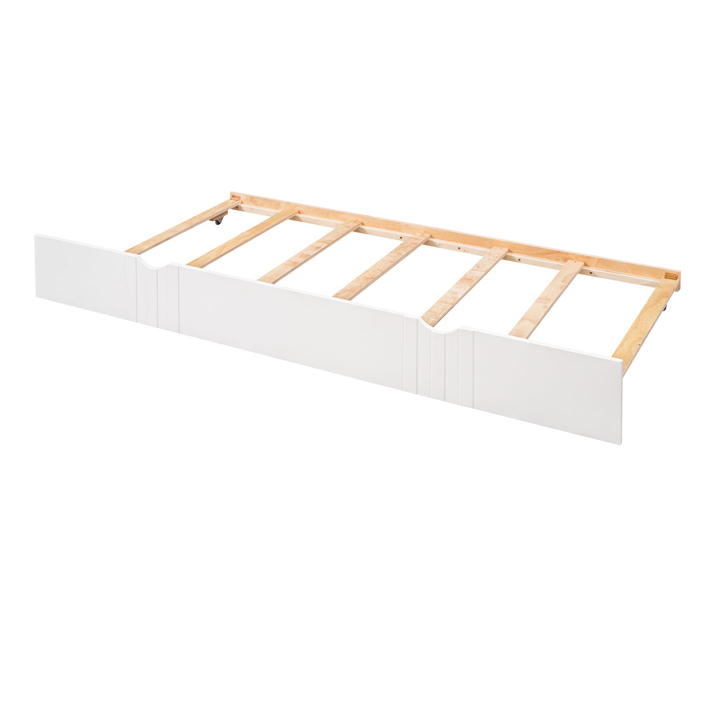 White wooden bed frame drawer with slatted base
