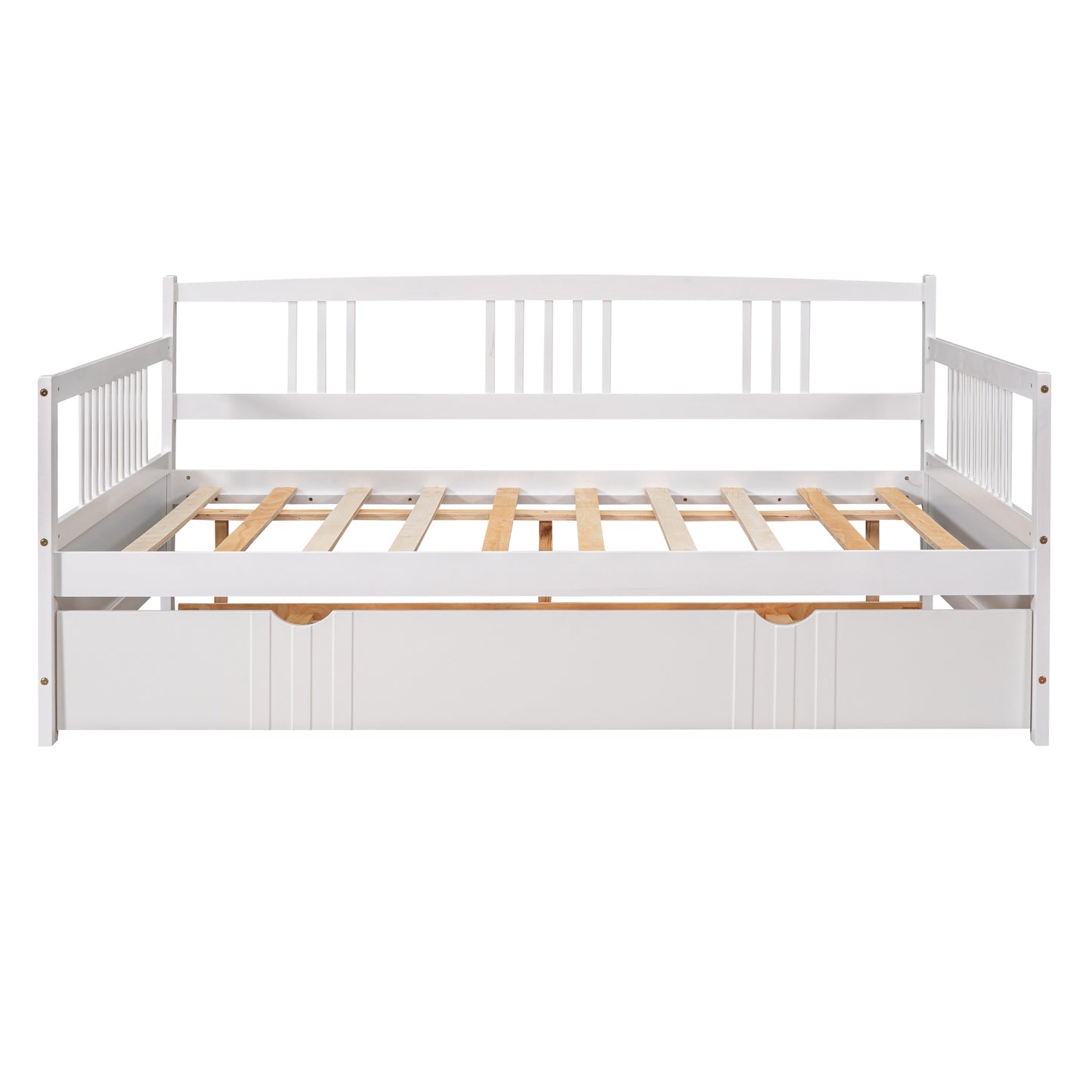 White wooden daybed with slatted base and two storage drawers