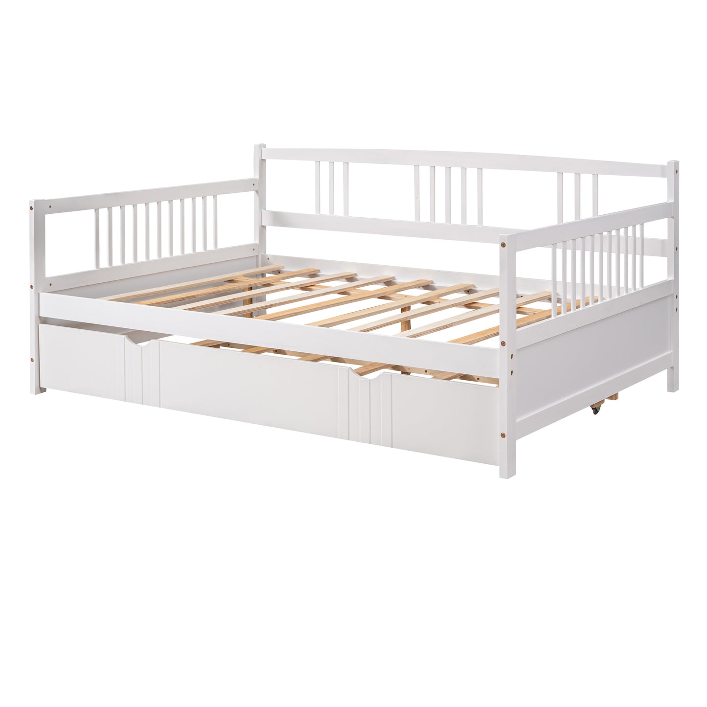 White wooden daybed with slatted base and pullout trundle