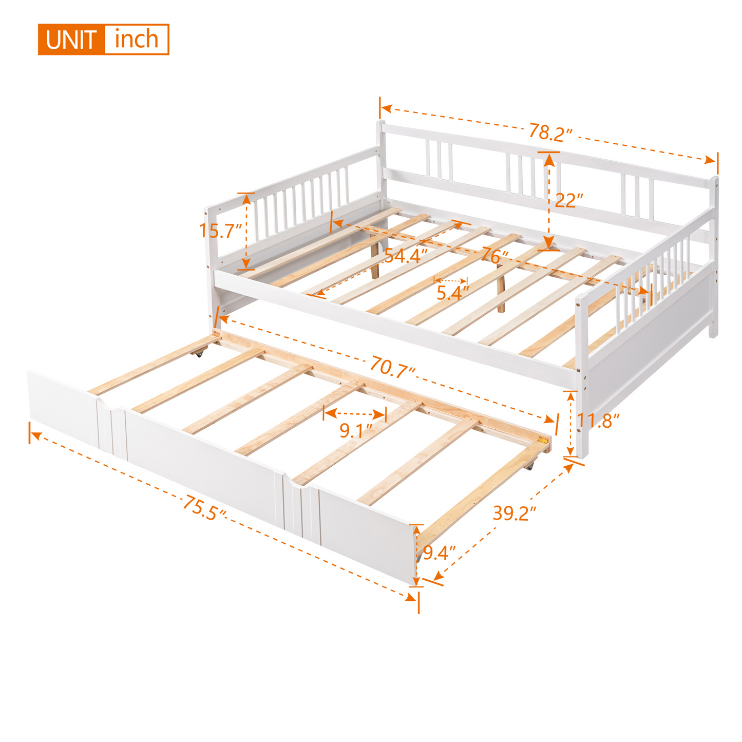 White wooden daybed with trundle featuring slatted frames and detailed dimensions