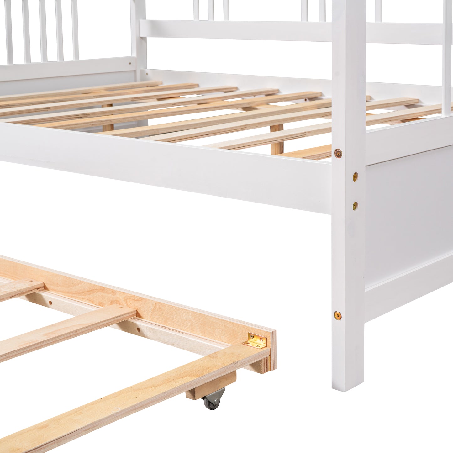 White wooden bed frame with extended trundle bed pulled out