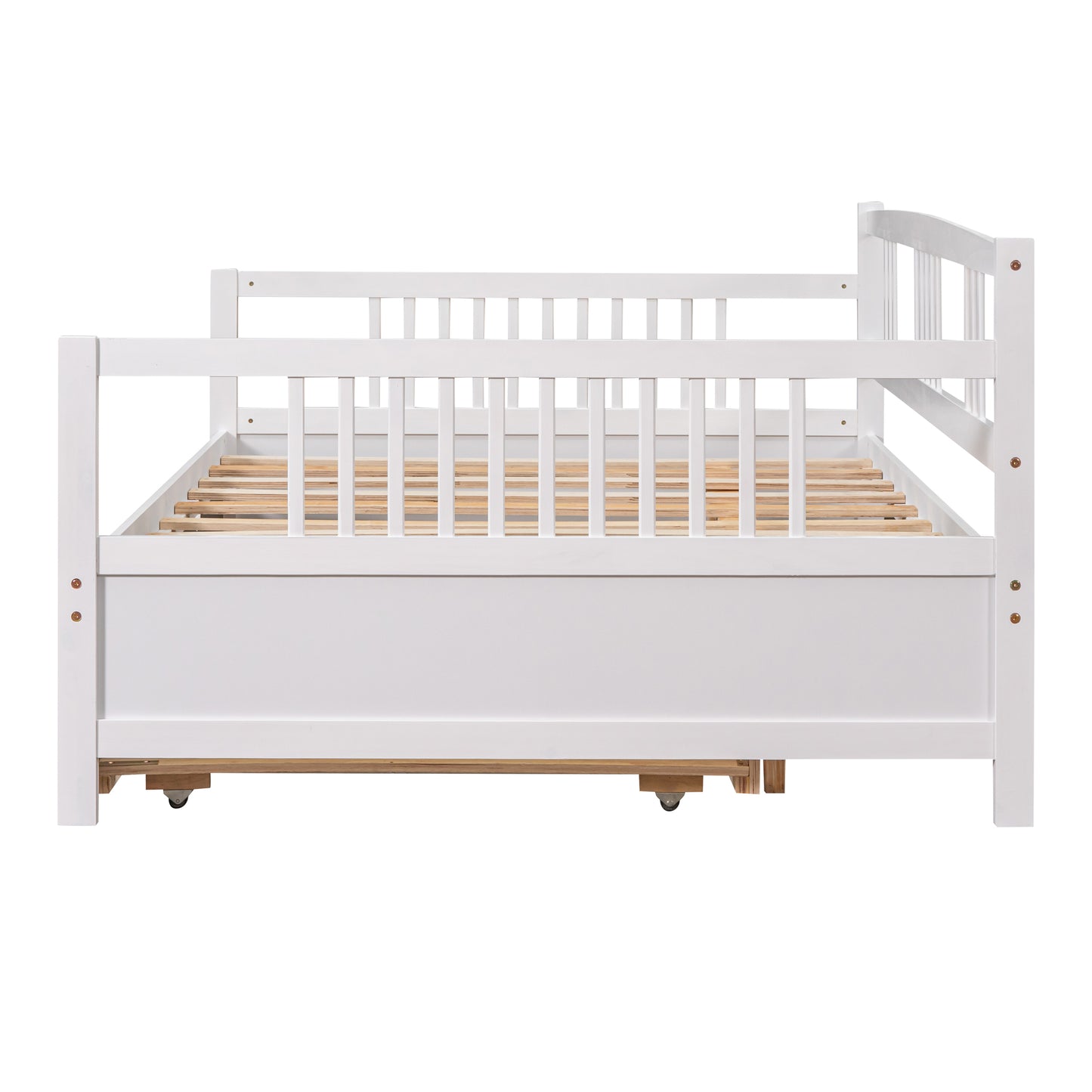 White wooden daybed with slatted base and casters for easy mobility