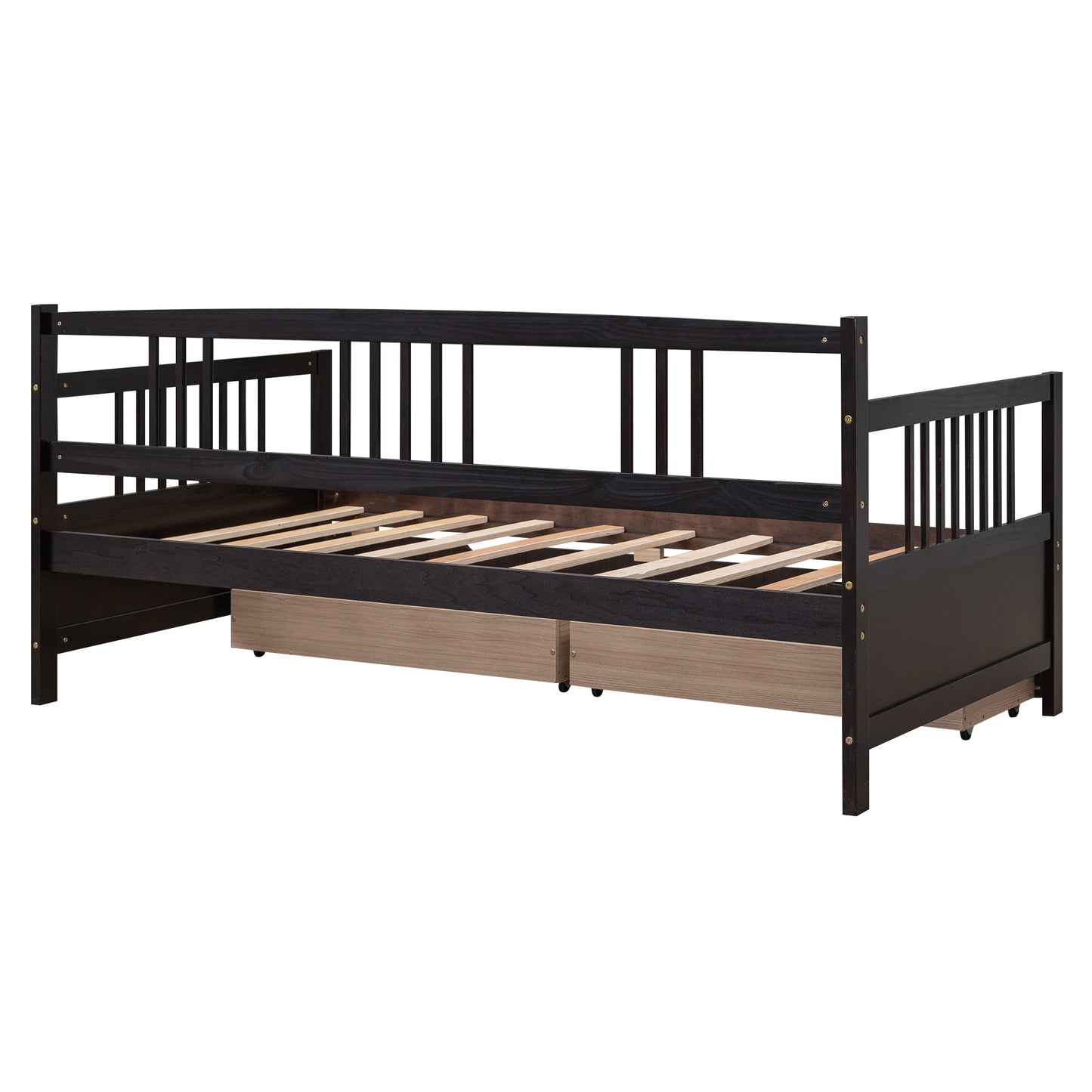 Dark brown wooden daybed with slatted base and two pullout drawers