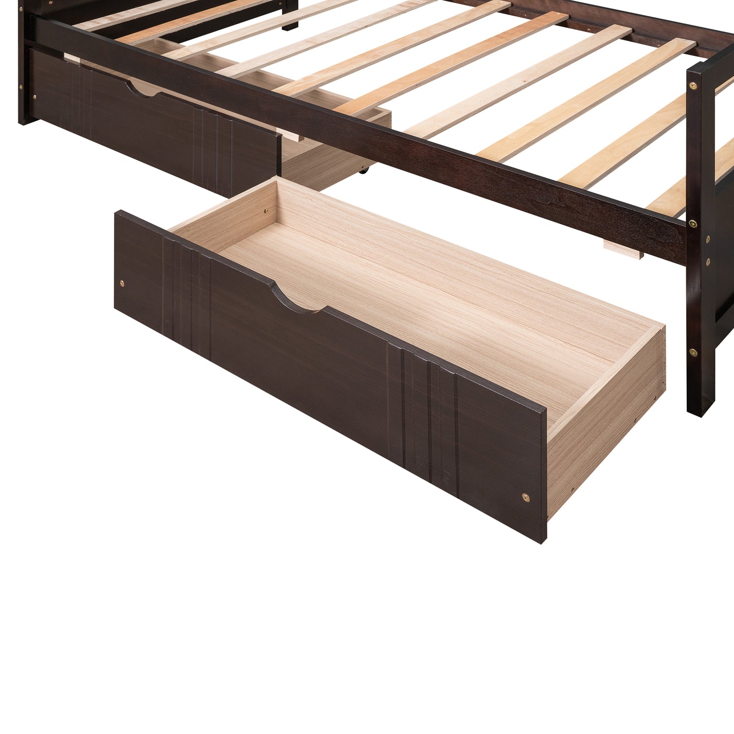 Dark brown wooden bed frame with open storage drawer