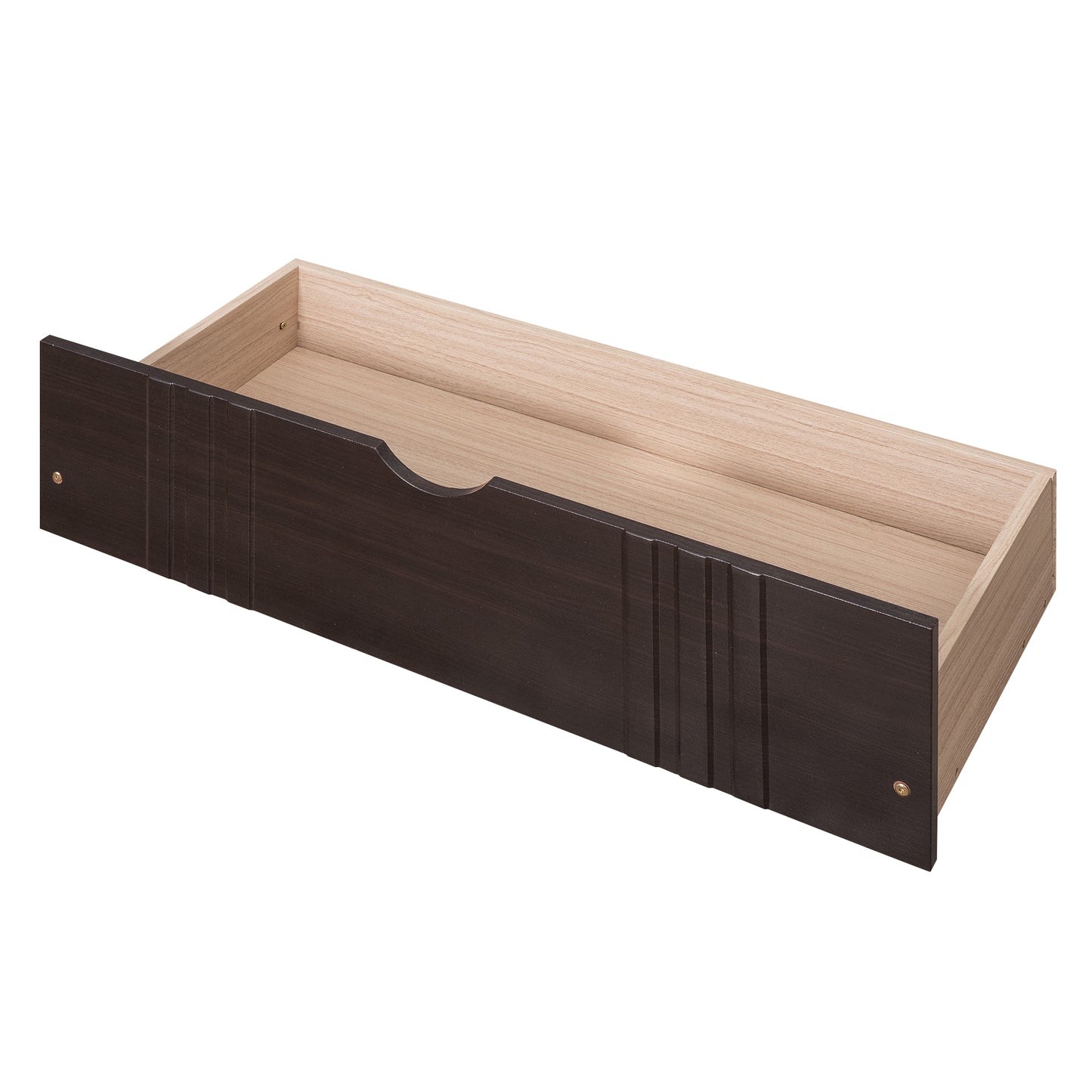 Dark brown furniture drawer with light wood interior and vertical groove detail