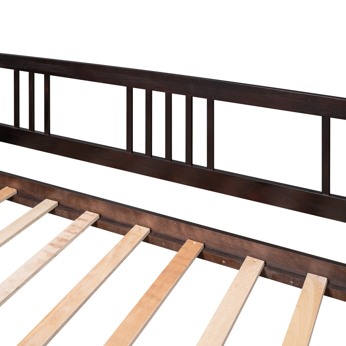 Dark espresso wood bed frame with slatted base detail