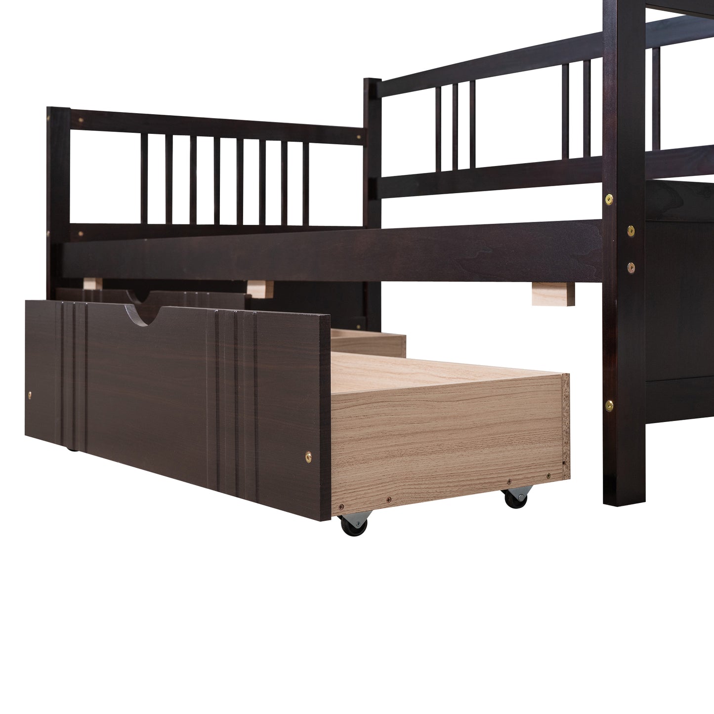Dark brown wooden bunk bed frame with a pullout trundle drawer on wheels