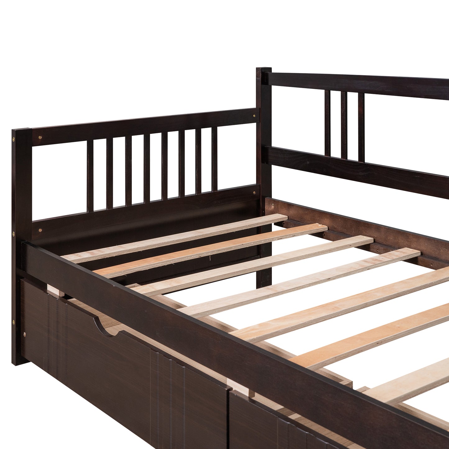 Dark brown wooden daybed frame with slatted base