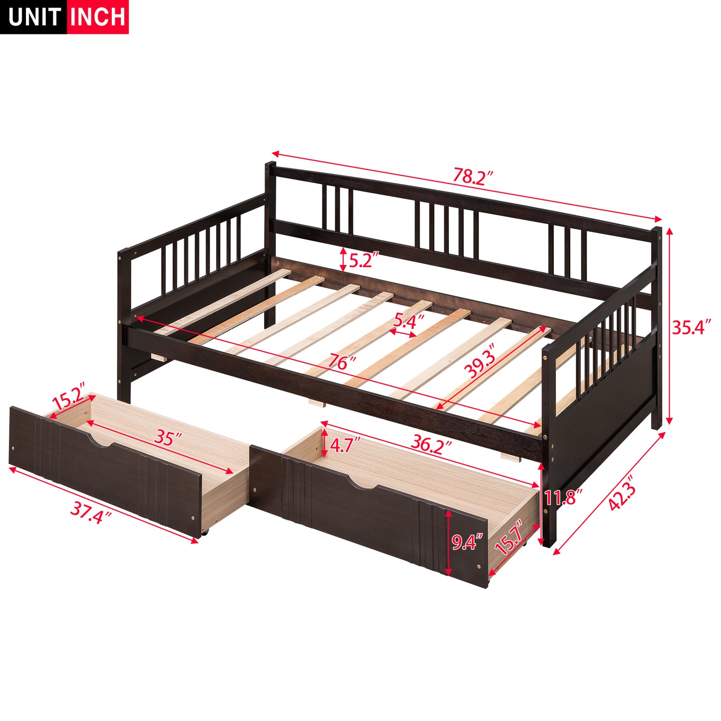 Dark brown wooden daybed with slatted base and two pullout drawers