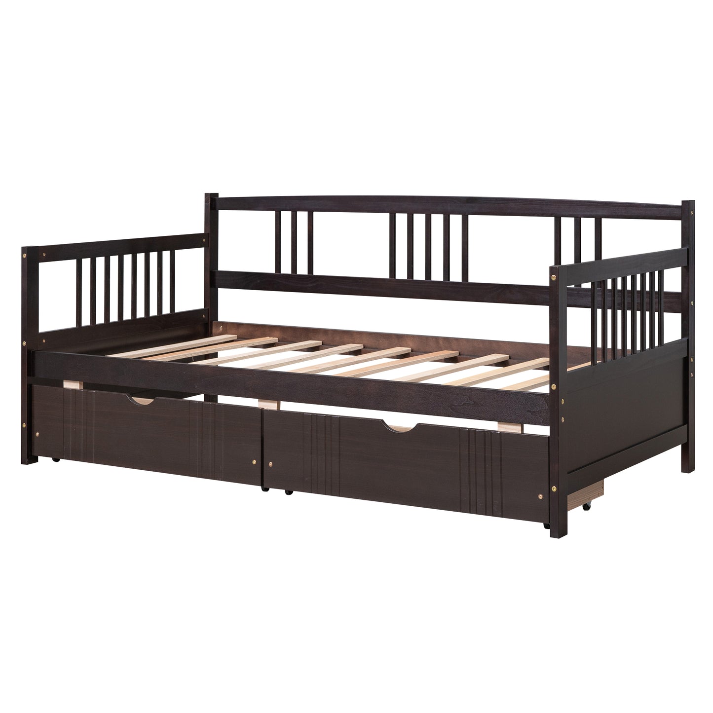 Dark brown wooden daybed with pullout trundle and storage drawers