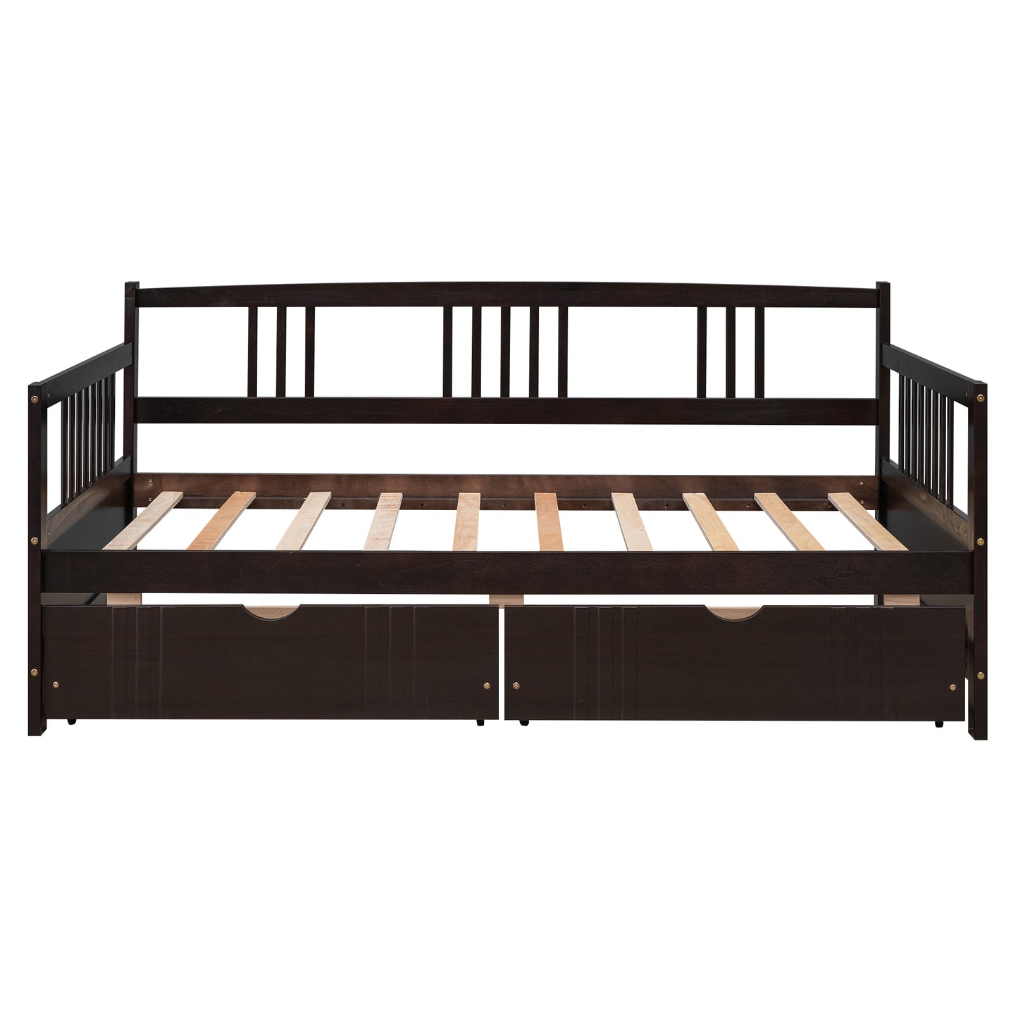 Dark brown wooden daybed with slatted support and two storage drawers for cozy seating