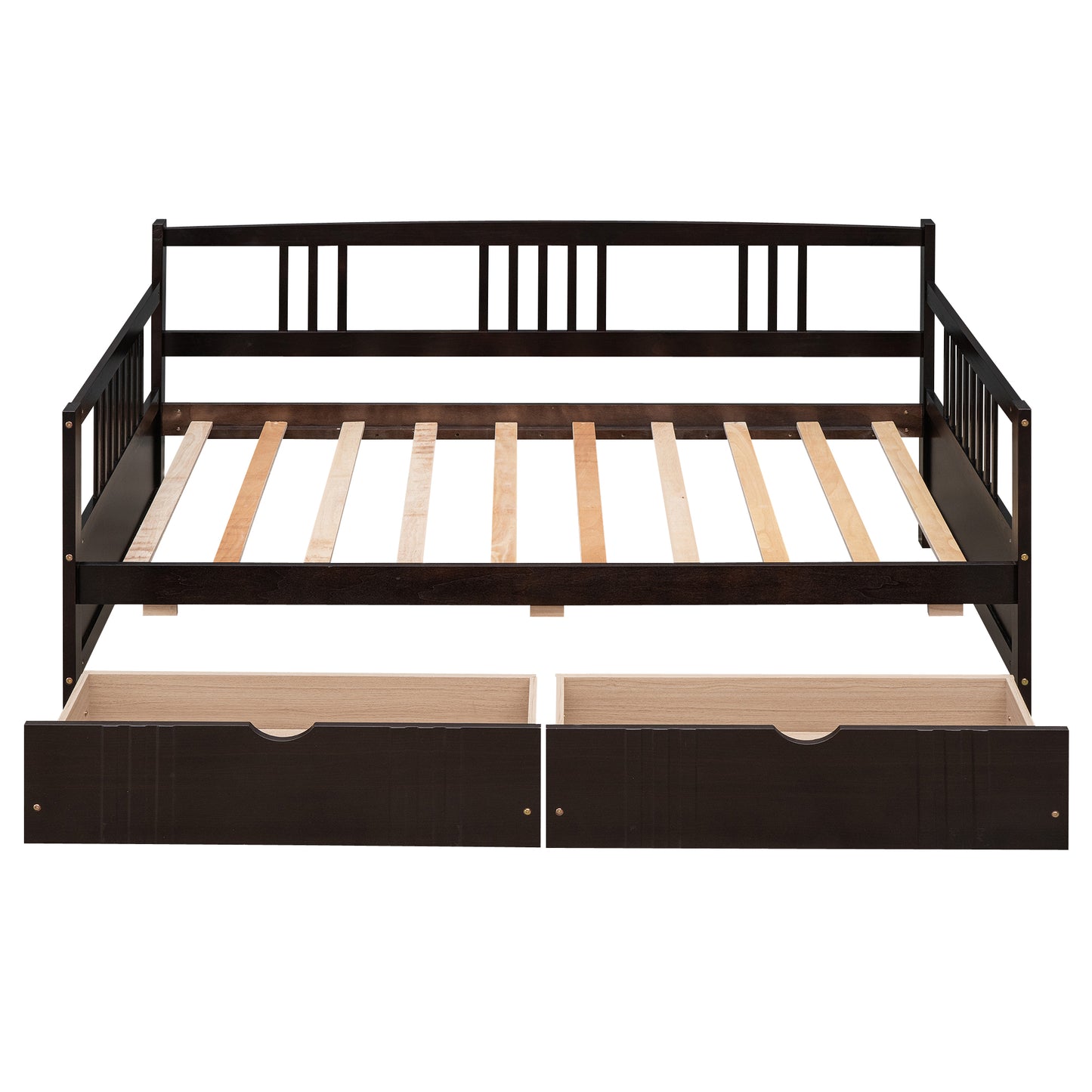 Dark brown wooden daybed with slats and two pullout storage drawers