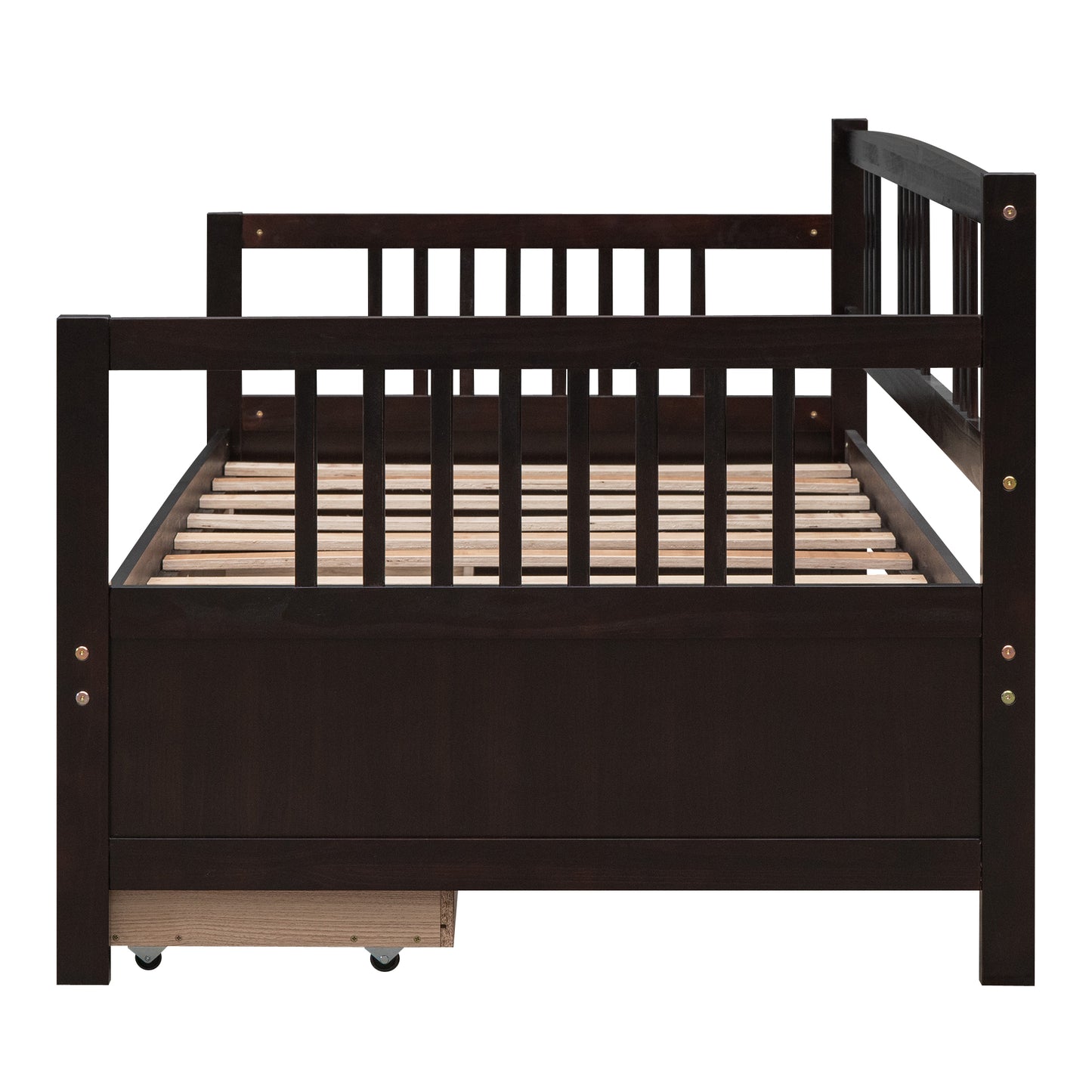 Dark brown wooden daybed with slatted base and wheeled trundle