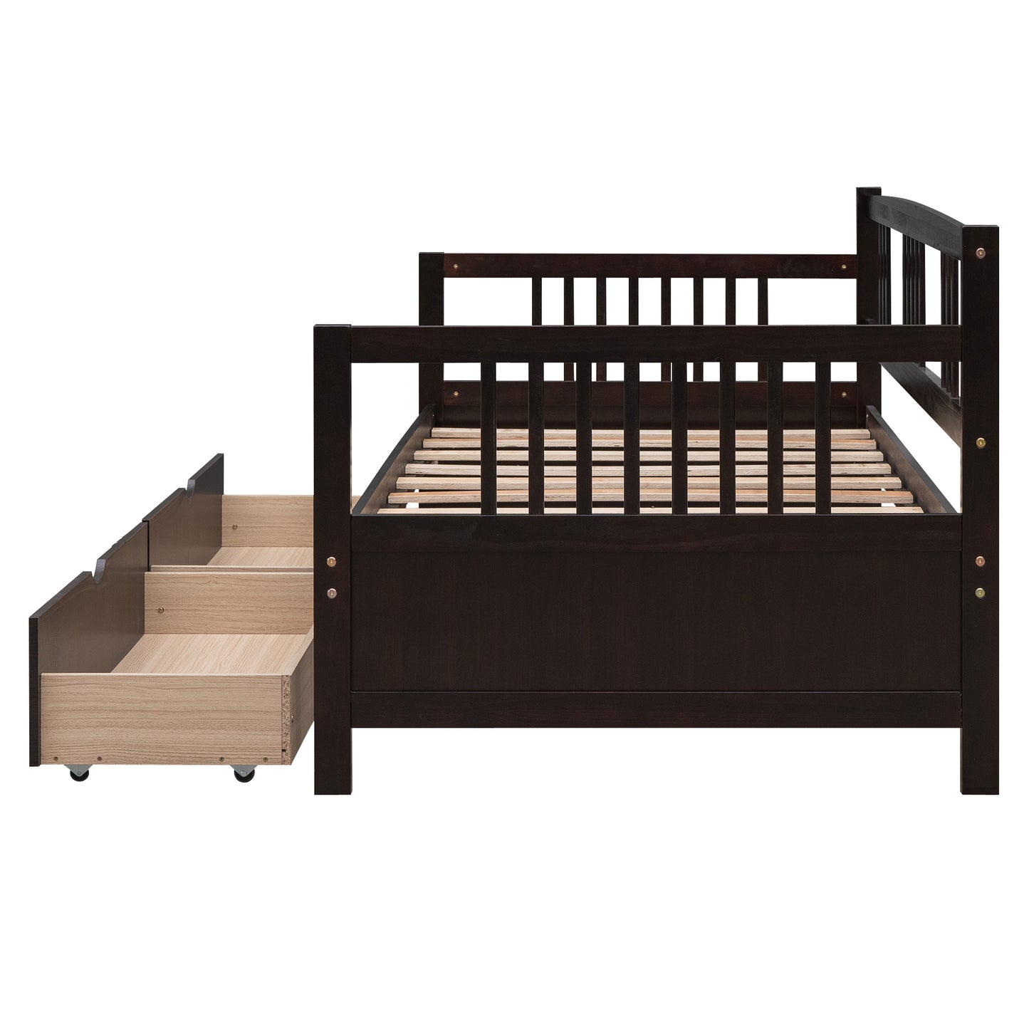 Dark brown wooden daybed with three pullout drawers and slatted support
