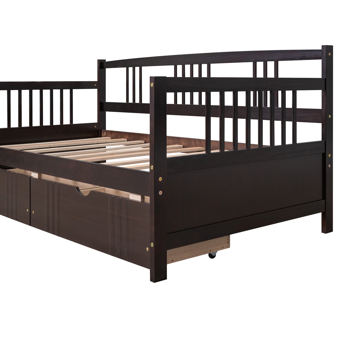 Dark brown wooden daybed with storage drawers and slatted base