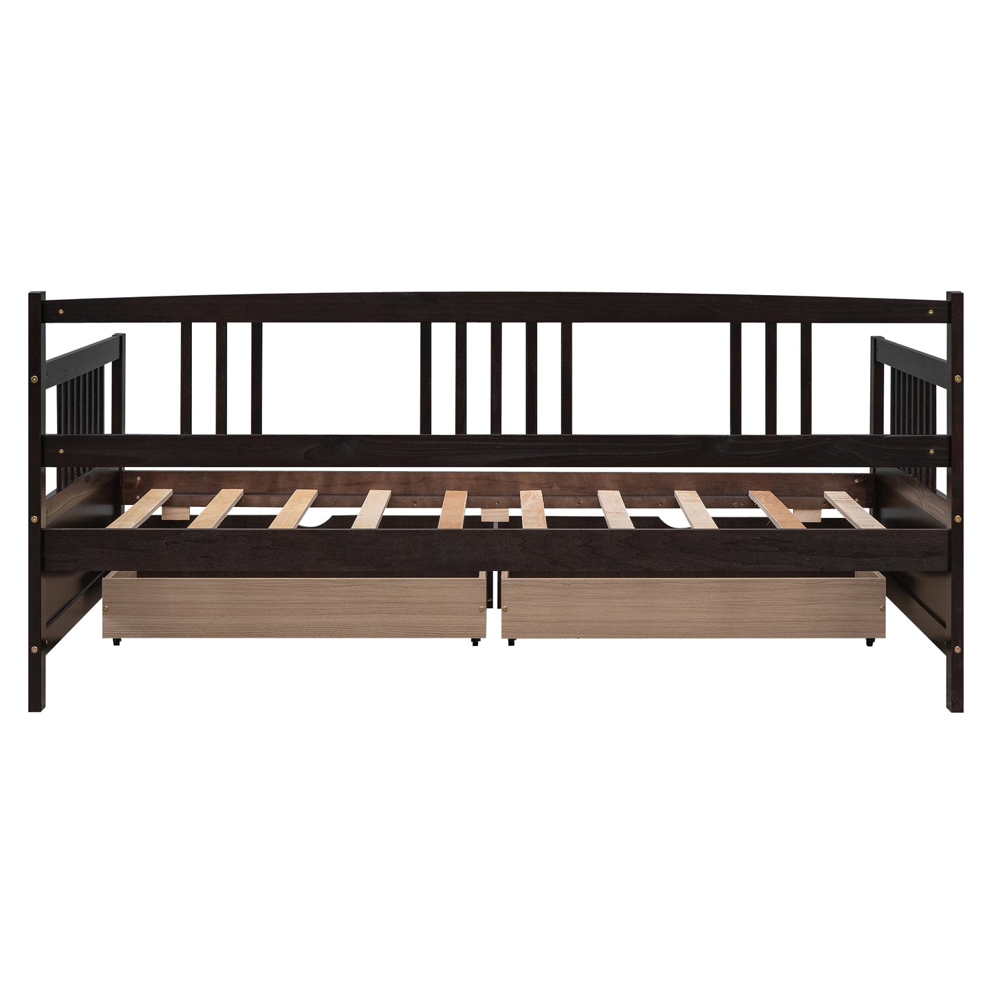 Dark brown wooden daybed with slatted base and two pullout drawers