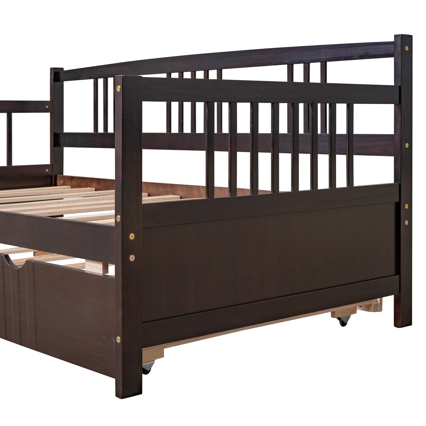 Dark brown wooden daybed with slatted backrest and integrated drawer modern design