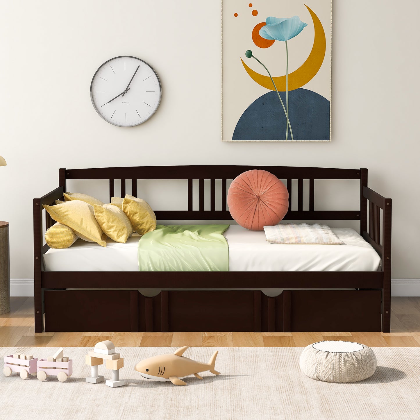 Dark brown wooden daybed with drawers and cushions